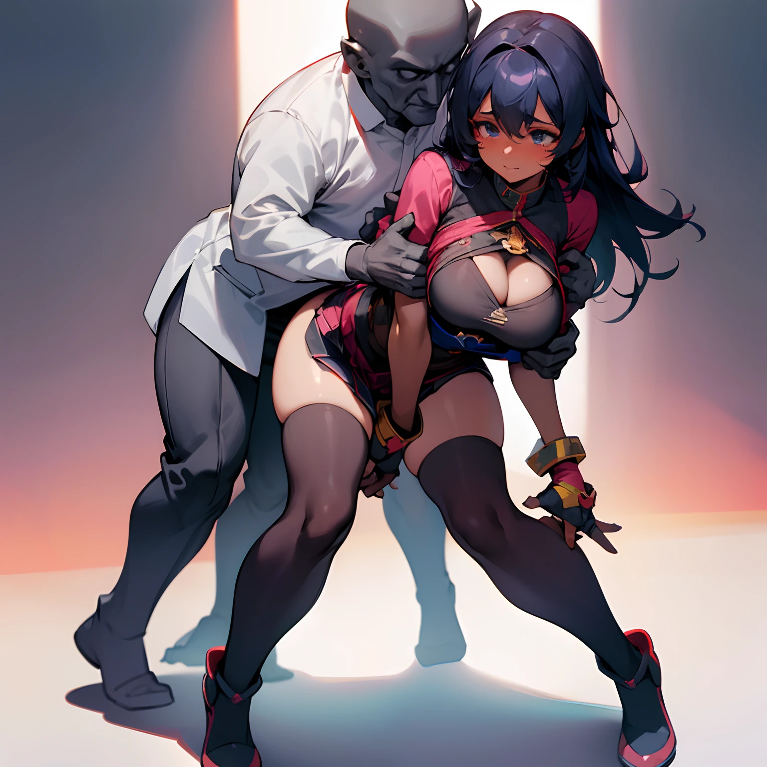 1 beautiful girl and 1 dark-skinned man,groping,(hand on another's chest), (grope butt), (fondle chestt),(chestt grab),(grabbing from behind), teary eyes, gamer girl, skirt, (full body), (girl is busty and fit),