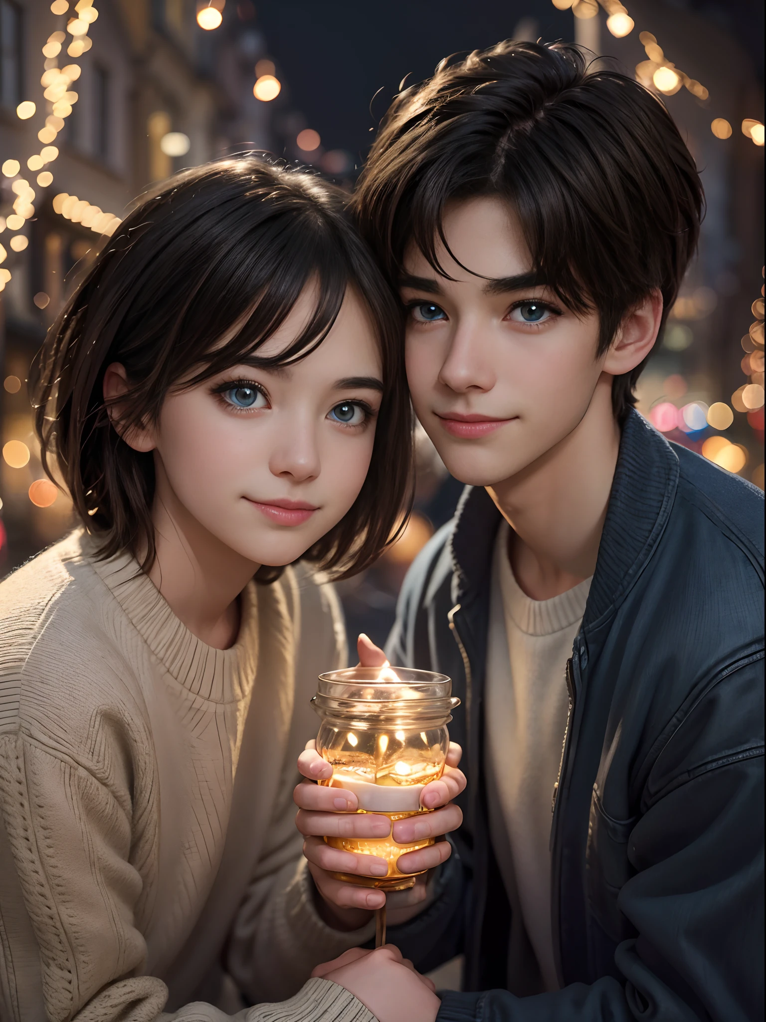 Capture a close up of a heartwarming moment in an illustration of a couple ((1 boy, 1 girl)) in a charming street. The street is lined with cozy cafes, colorful storefronts, and twinkling lights, creating a romantic atmosphere that perfectly complements their love-filled walk (((highly detailed))), 16k resolution, UHD, ((background blur:1.7)) , bokeh, ((orange hue:0.8)), ISO:200, ((perfect eyes)) (((close up)))