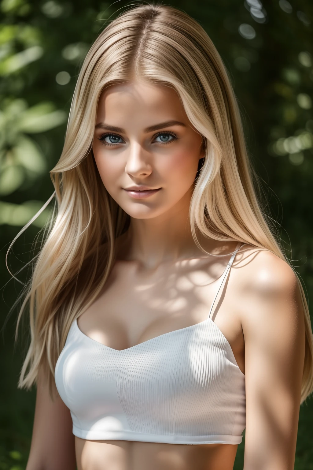 Natural photography of a beautiful girl, Tragen eines lockeren Crop-Tops, sich vorbeugen, langes, wallendes blondes Haar, Large bust, Sperrt die Augen in die Kamera, Lidschatten, Symmetrische Augen, symmetrisches Gesicht, fotorealistisch, Fotografie, Pfadverfolgung, Spiegelnde Beleuchtung, Volumetrisches Gesichtslicht, Pfad nachgezeichnetes Haar, Sichtbare Schatten, kompliziert, Aufwendig, leerer Hintergrund,lange beine