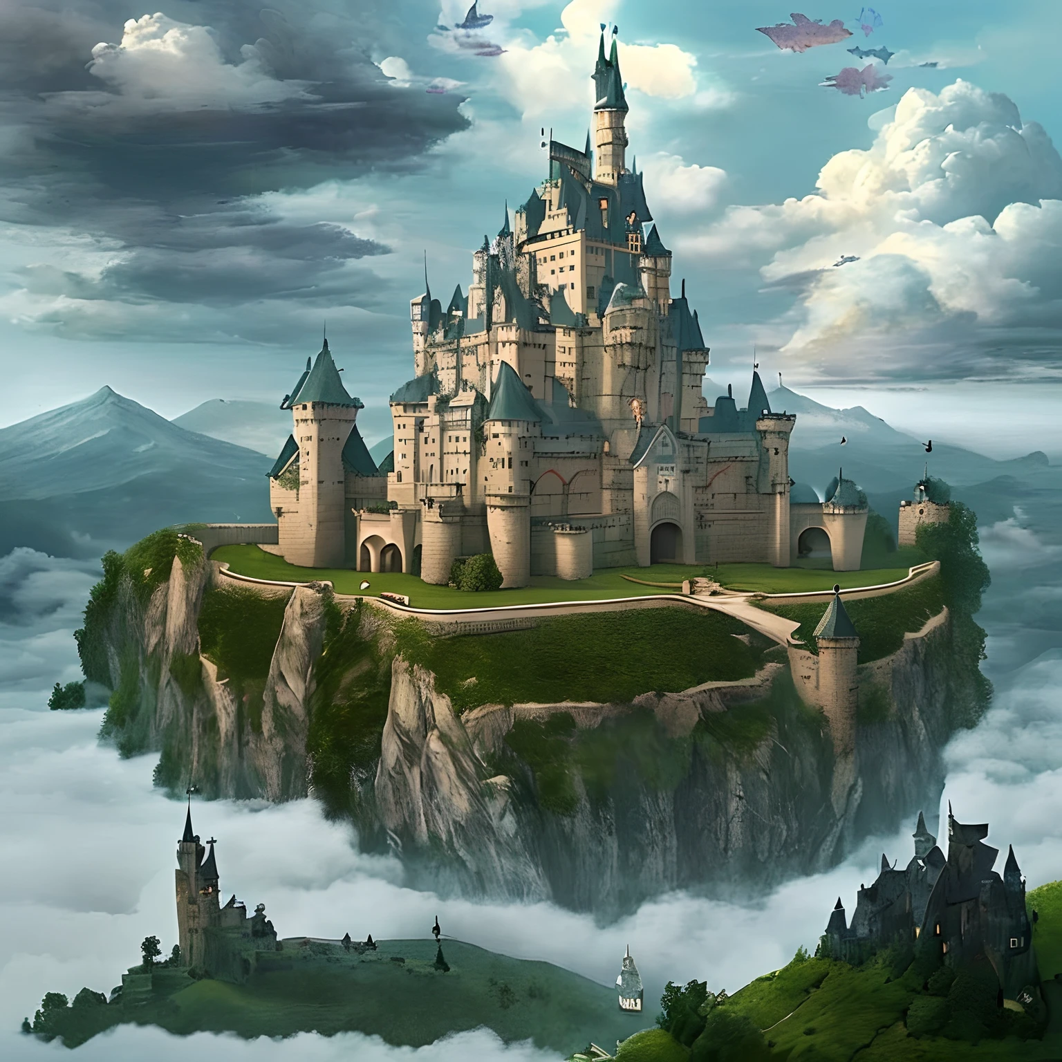 ​masterpiece、hightquality、Realistic、landscape shot、life-like、A detailed、Like the photo、Castle shining in the sky、Deities々Castle in the Sky、Castle in the Sky、Flying Castle、Castle in the Sky、Castle of Glory、Castle above the clouds、The tree々A lush castle surrounded by