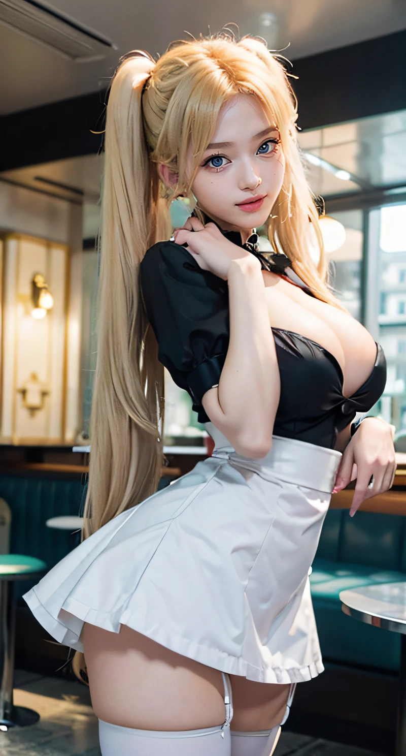 1girl, (Blue eyes), (Smile), (Sana Minatozaki), wide hips, Big Boobs, big ass, (Best Quality, 8k, Masterpiece: 1.3), perfect hands, Clear Focus: 1.2, Perfect Body Beauty: 1.4 , Slender Abs: 1.2, Highly detailed face and skin texture, detailed eyes, double eyelids, (blonde long twintails hair), (sexy maid dress), (long thigh high stockings), standing, dynamic pose, in a colorful cafe bar