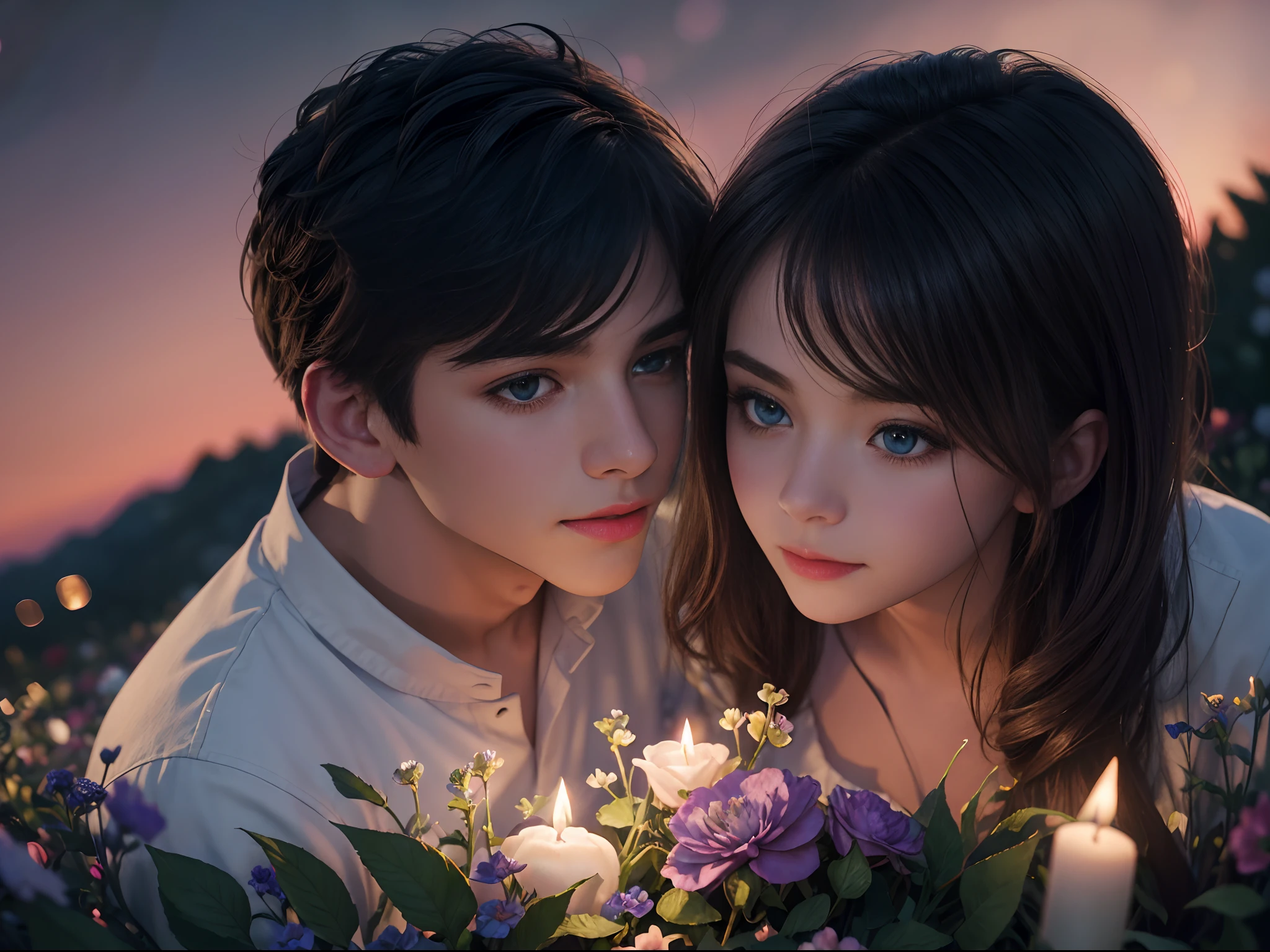 Create an enchanting illustration of a romantic couple ((1 boy, 1 girl)) immersed in the beauty of an idyllic flower garden at dusk, where the colorful blooms and delicate aromas add an extra touch of magic to their evening together, 16k resolution, UHD, ((background blur:1.7)) , bokeh, ((red hue:0.7)), ISO:200, ((perfect eyes))