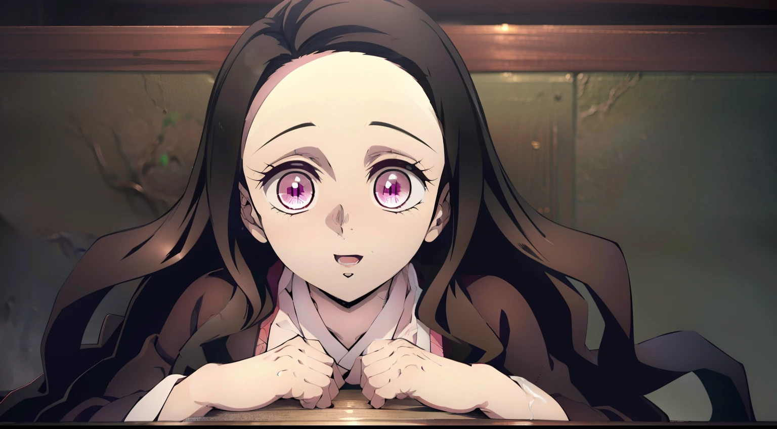 Extraordinarily beautiful composition, erotic pose, (Body Full 1.1.), ultra sharp image, Beautiful figure, Gloomy sexy pose background, in full height, ssmile, Adorable smile, Leaning on the table, stands sideways, ultra detail face, Ultra Transparent, Nezuko Kamado from Demon Slayer, ultra sharp image, Ultra Beautiful, lovely small breasts. black  hair, Transition to red, Japanese bath, Beautiful figure, taut clothes, black cape on pink kimano, big breastes, Smiling, green colored eyes, handsome body, sexy clothes, Beautiful eyes, very detailed eyes, Very detailed face, handsome body, Cherecter Desing, Sex position, Very detailed, Detailed body, Detailed hands, Detailed, Vibrants, Detailed Face, sharp-focus, WLOP, artgerm, anime art, Vibrants, Detailed Face, Hugh Details, sharp-focus, Very drooping face, A detailed eye, super fine illustration, better shadow, finely detail, Beautiful detail