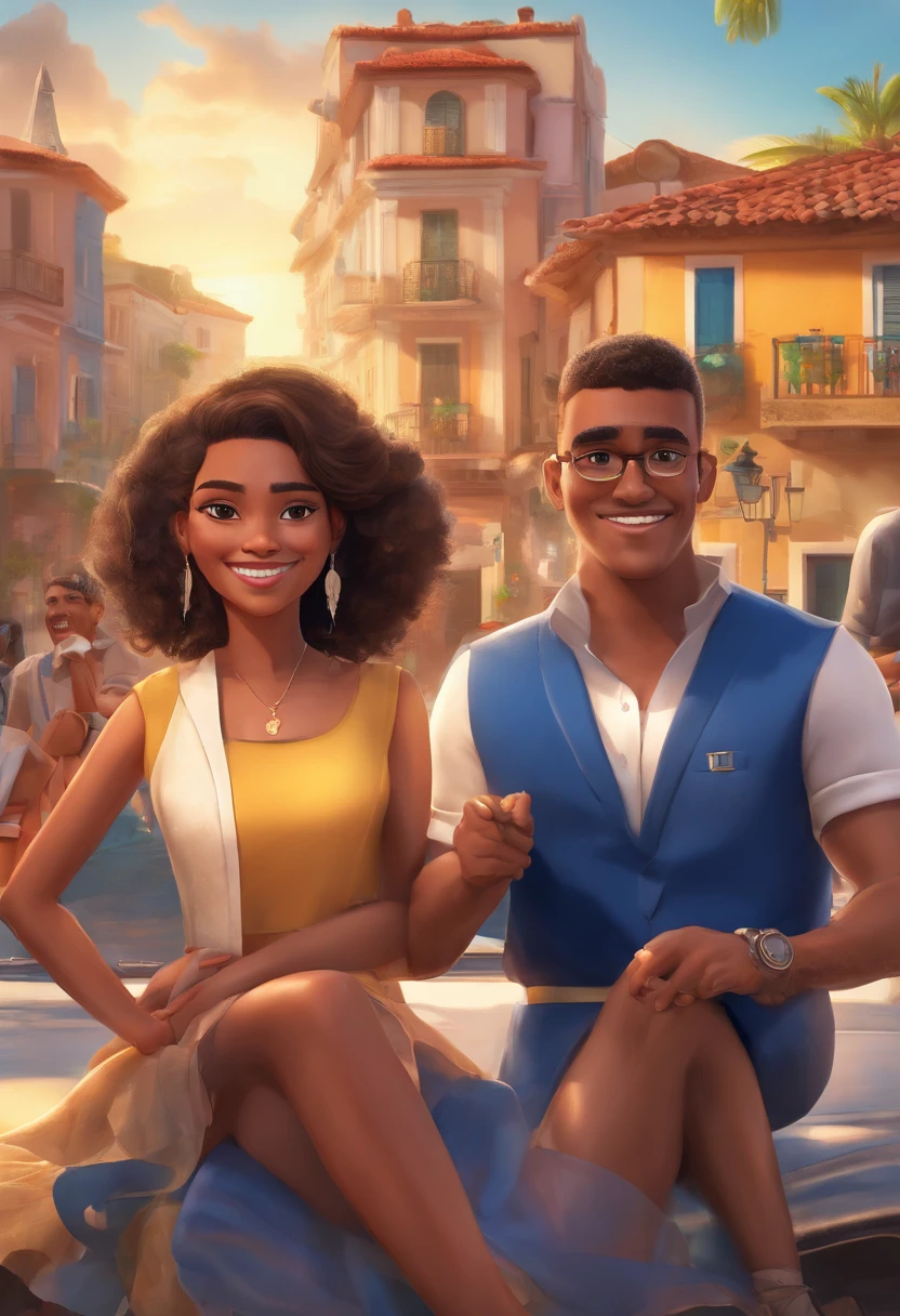 "An illustration of an adorable couple, apresentando um alegre, rechonchudo, Mulatto man with glasses and a white-skinned woman with beautiful eyes, de Vidros Expressivos. O homem tem pele mulata e cabelos cacheados, enquanto a mulher tem pele branca e cabelos Pretos lisos. They are wearing the characteristic navy blue uniforms of the Municipal Guard of Feira de Santana, bahia. Atingem um exuberante, austero, e poses imponentes, com um carro patrulha azul marinho e Lagoa Grande, as well as buildings in the background. Illustrate this scene from a perspective where they are facing the camera, sorridente, and showing your connection. Create this artwork in Full HD, Focus on a cinematic touch, no estilo da Disney Pixar Animations. A legenda inferior diz Disney / Pixar, Guarda Municipal de Feira de Santana