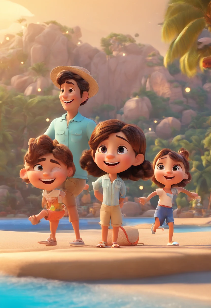 Cartoon of friends having fun on vacation together, 3D Animation Movie Poster, Poster de filme animado, pixar 3 d animation style, pixar renderman rendering, maia 8 mil, animated film, Disney Pixar Estilo 3D, amigos felizes saem juntos, all wearing light blue shirts and cream brown long pants, camisa azul clara, cream brown pants, ao ar livre, vacation, Disney Pixar Animation Poster
