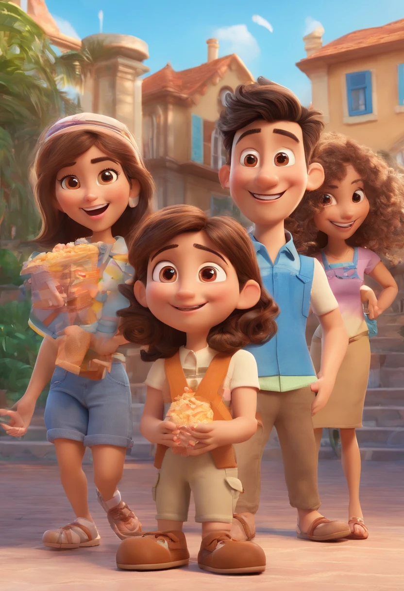 Cartoon of friends having fun on vacation together,  3D Animation Movie Poster, Poster de filme animado, pixar 3 d animation style, pixar renderman rendering, maia 8 mil, animated film, Disney Pixar Estilo 3D, amigos felizes saem juntos, all wearing light blue shirts and cream brown long pants, camisa azul clara, cream brown pants, ao ar livre, vacation, Disney Pixar Animation Poster