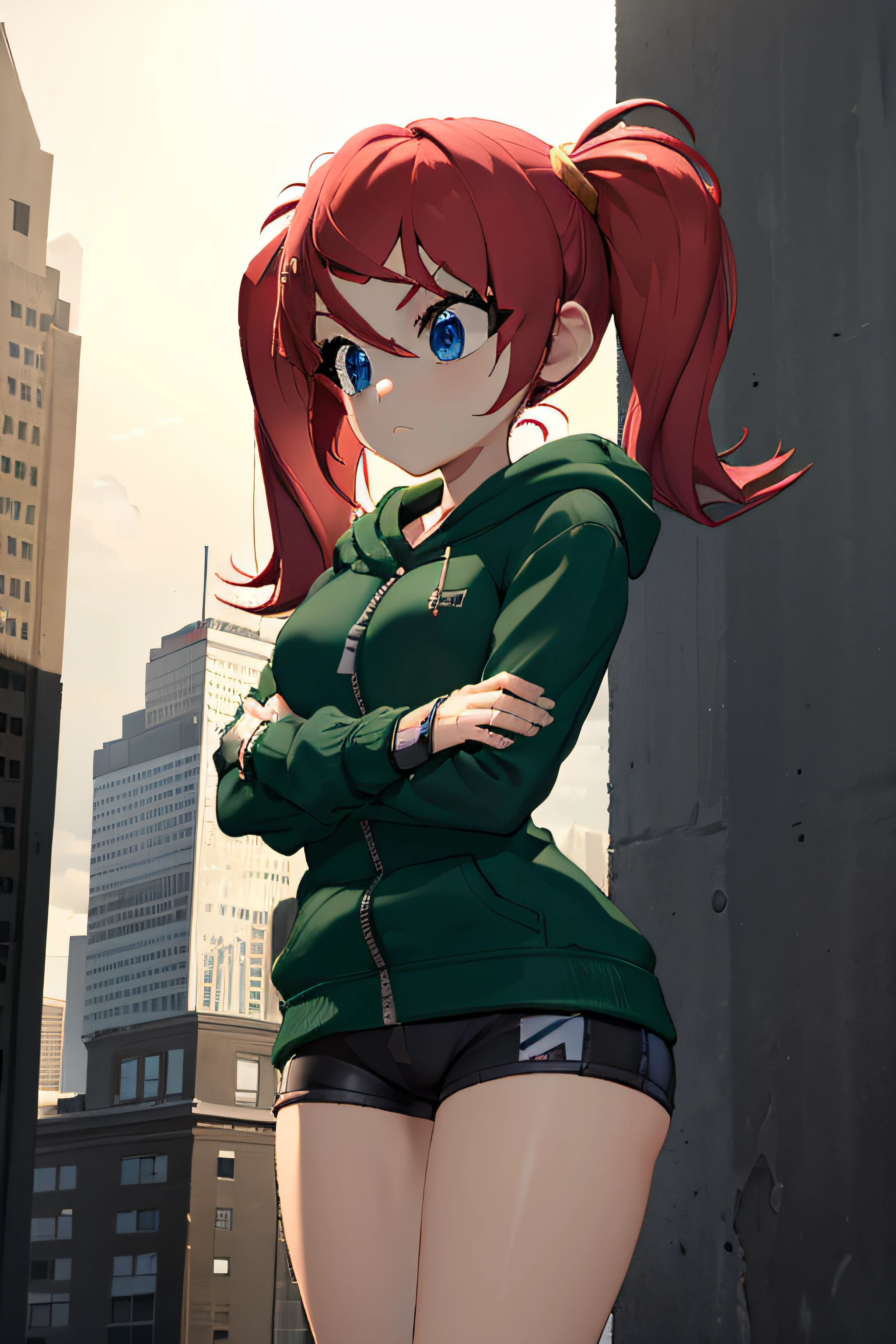 masterpiece, best quality, blue eyes, 1girl, solo, twintails, fingerless gloves, green hoodie, red hair, furrowed brow, crossed arms, city