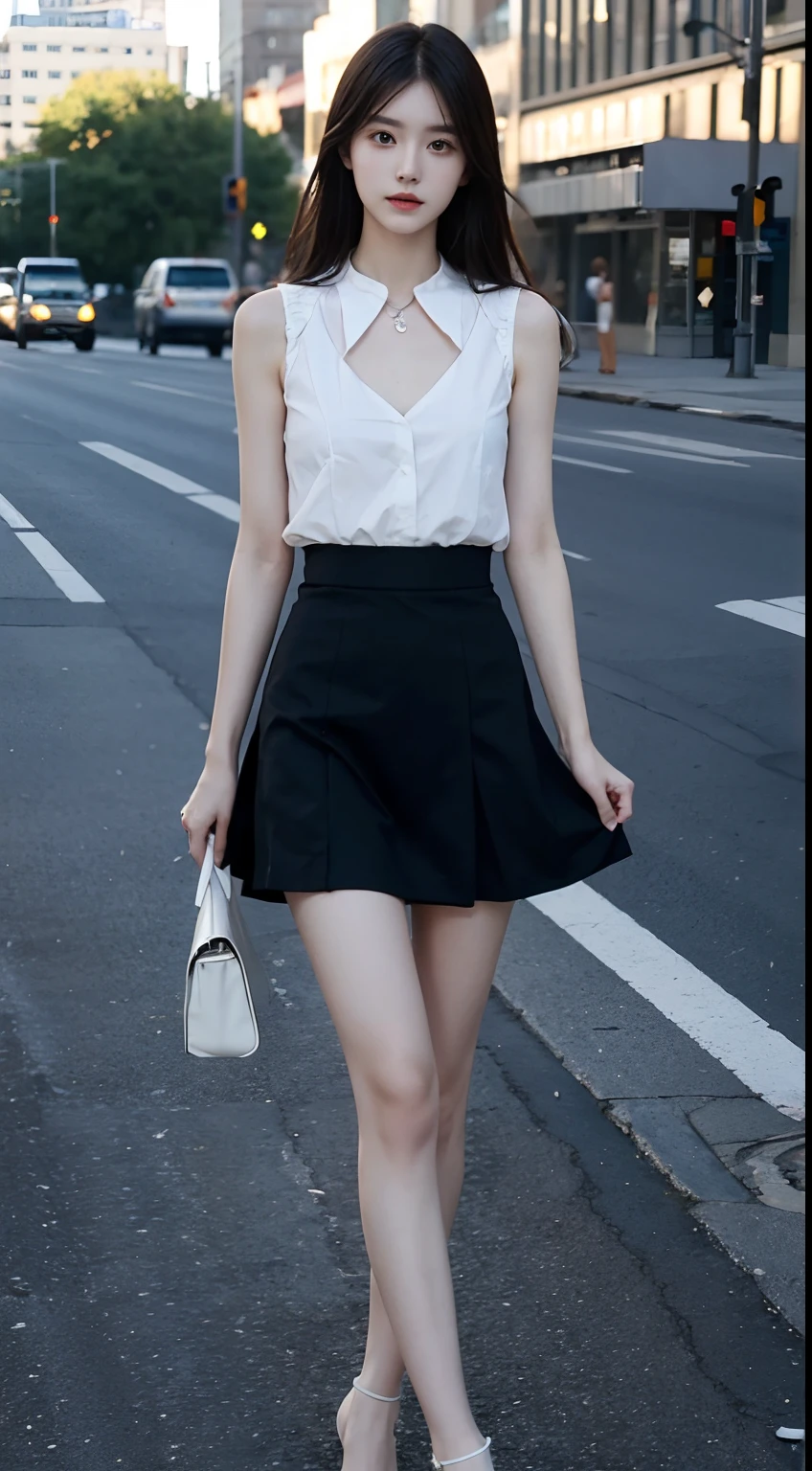 top Quority,Ultra-clear resolution,Clear eyes,plain face,s the perfect face,White skin,Perfect chest,with perfect legs,Long legs,black short skirt,Random environment
