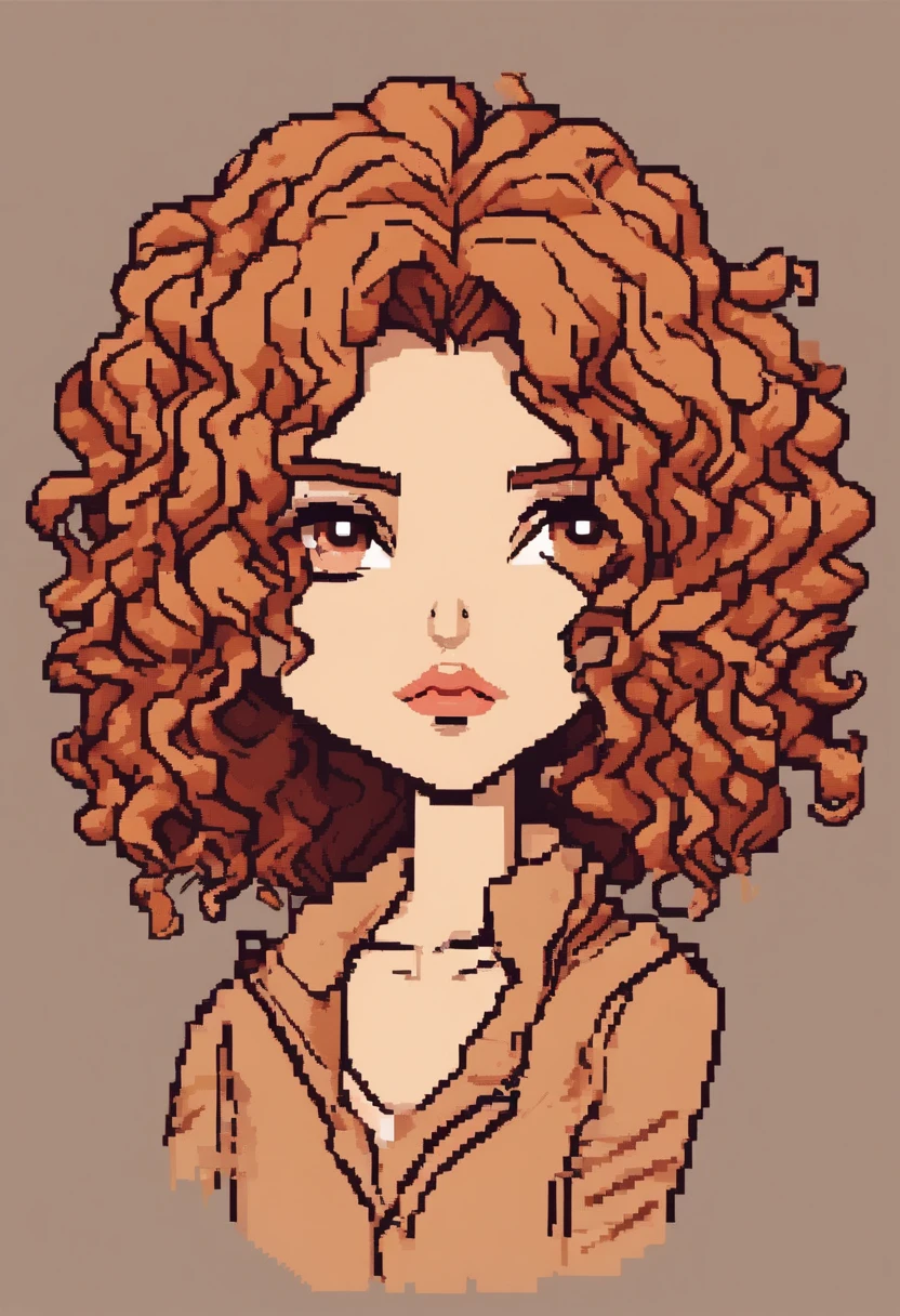 Cor marrom, curly hair, olhos inclinados, sobrancelhas arqueadas, thick lips, baixos e finos, Teaches a tapered nose a sign on an upper lip on the left side