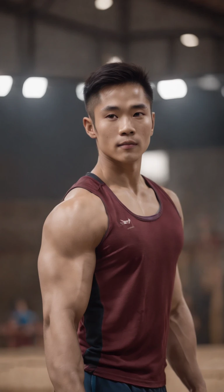 retrato de um homem asiatico jovem de 20 anos, olhando fixamente de forma sensual, displaying an Alpha and virile presence. Vestido em trajes de wrestling, wrestling outfit stands out with defined muscles and a sensual chest, personifying strength and robustness of a man, macho, com seu pau marcado na roupa colocada no corpo, mostrando seu volume, arms, ombros, peito e pernas musculosas, standing, com tenis basqueteiro meia cano alto