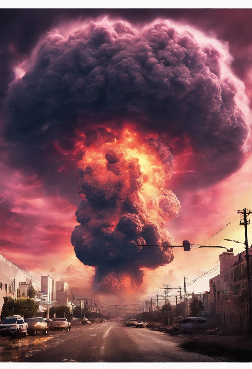 (Best quality,Ultra-detailed,Realistic:1.37),An asteroid that hit Earth,disrupt,Widespread destruction,Huge hydrogen bomb explodes mushroom cloud,Mushroom clouds, smoke and fires,The shock wave ripples,crumbling buildings,Falling debris,Chaos and panic,surreal atmosphere,dusk lighting,Epic disaster,People fled in terror,apocalyptic scenery,General confusion,Ruined cityscape,Dark clouds loom,Explosions and flames,Huge impact crater,The ground shook,Molten rock,Flying debris,worst,Desperate survival,ominous skies,Abandoned streets,Crashed vehicle,Overwhelming sense of destruction,post-apocalyptic landscape,Heart-wrenching scene,Devastating consequences,city in ruins,Desolate wasteland,overcast sky,Despair and loss,Infrastructure is damaged,Amazing destruction,An unimaginable disaster,Bleak and grim,Scorching flame,Uncertain future.The overall tone should be candy colored,Especially if the huge mushroom cloud is pink。Mushroom Cloud examines the real picture of the big Ivan of the hydrogen bomb exploded in the USSR