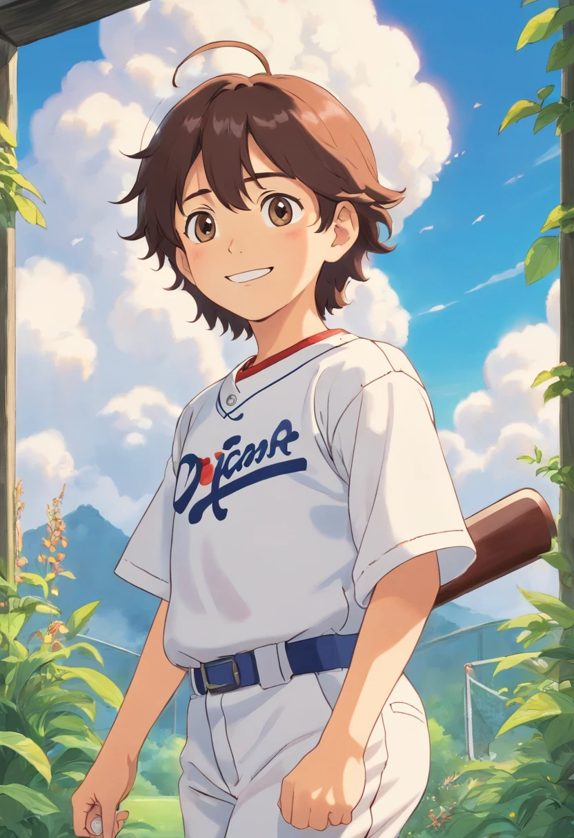 Bob，10 years old，Lively personality、Smile optimistically，A white cloud framed by a frame，Inside『Dream of becoming a baseball player』，Wearing baseball jersey and pants。
