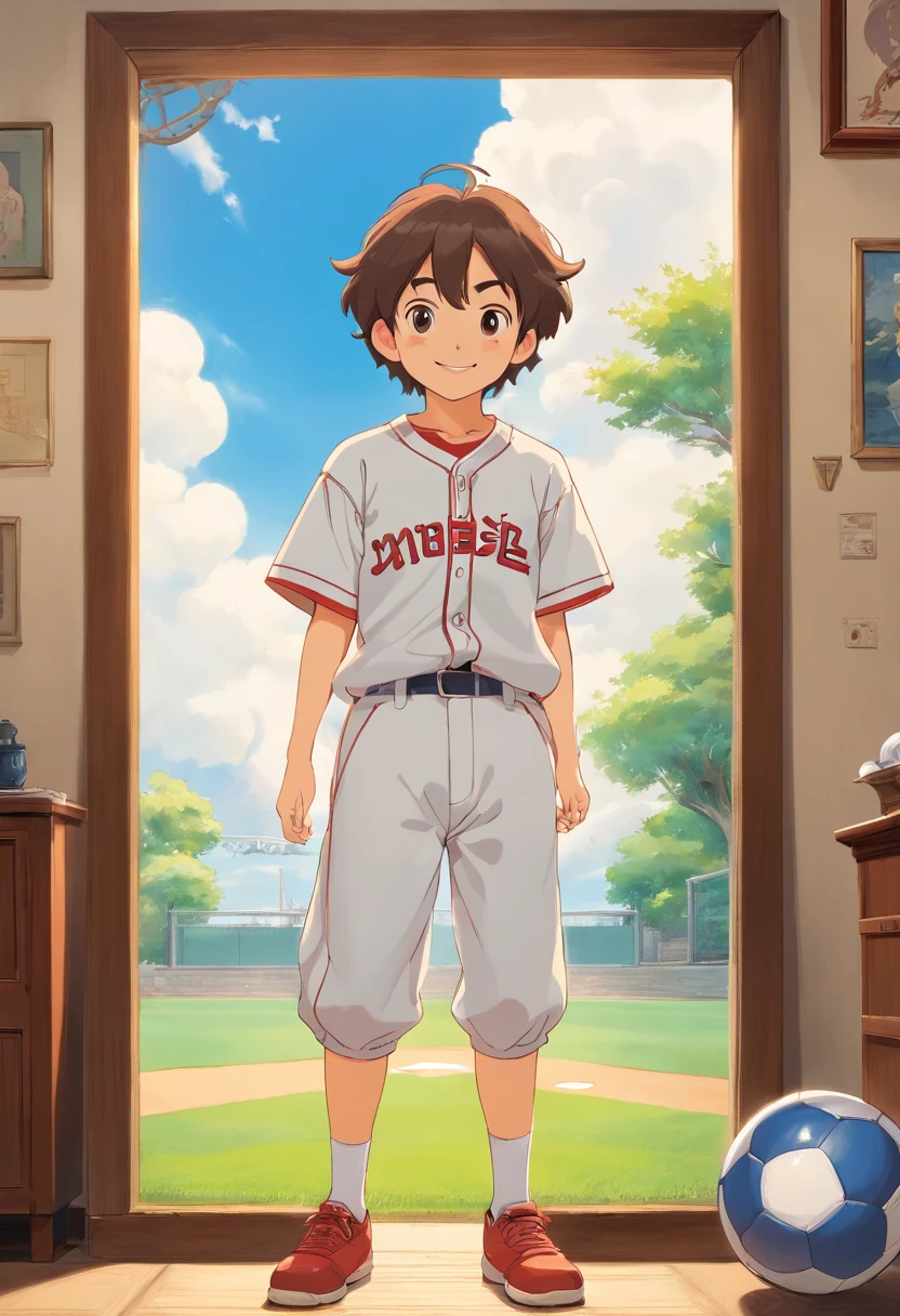 Bob,,Lively personality、Smile optimistically,A white cloud framed by a frame,Inside『Dream of becoming a baseball player』,Wearing baseball jersey and pants。