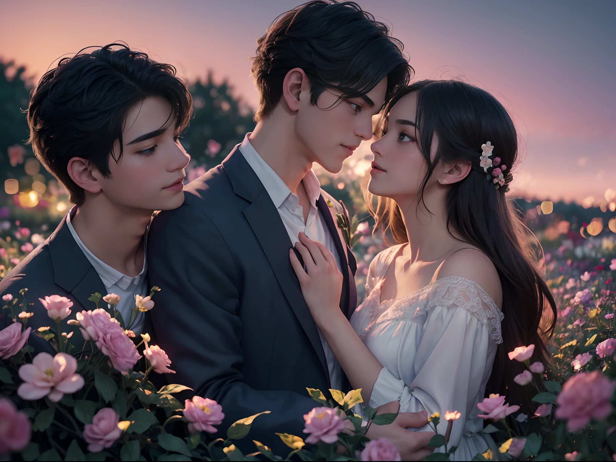 Create an enchanting illustration of a romantic couple  ((1 boy, 1 girl)) immersed in the beauty of an idyllic flower garden at dusk, where the colorful blooms and delicate aromas add an extra touch of magic to their evening together, 16k resolution, UHD, ((background blur:1.7)) , bokeh, ((red hue:0.7)), ISO:200, ((perfect eyes))