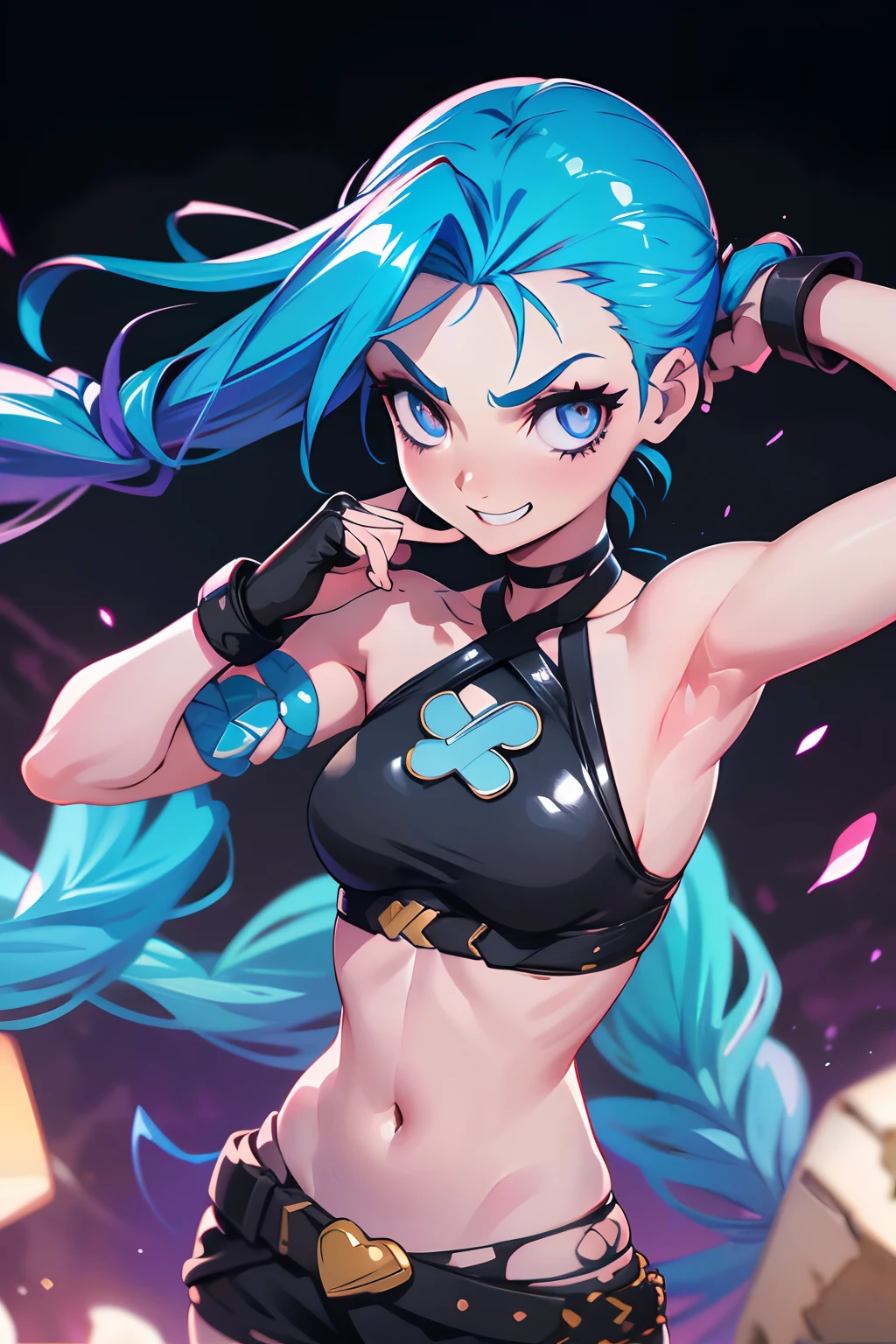 Jinx, league of legends,  alta qualidade, master part, olhos azuis, Qualidade Superior, Super Detalhe, illustration, [Arte Digital 4K]!!, uma mulher, motivation, brilho, cabelo detalhado, fundo: Wrecked City, sorrindo, sadistic expression, pernas abertas, pubic hair, olhos perfeitos, 8k, ultra qualidade, sexy, melhor qualidade, perna direita perfeita, perna esquerda perfeita, cintura perfeita, barriga perfeita, rosto perfeito, corrigir olhos,corpo perfeito (melhor qualidade), corrigir perna direita, corrigir perna esquerda, coxa perfeita, Perfect forearm, Perfectly Detailed Hand Held, bunda perfeita