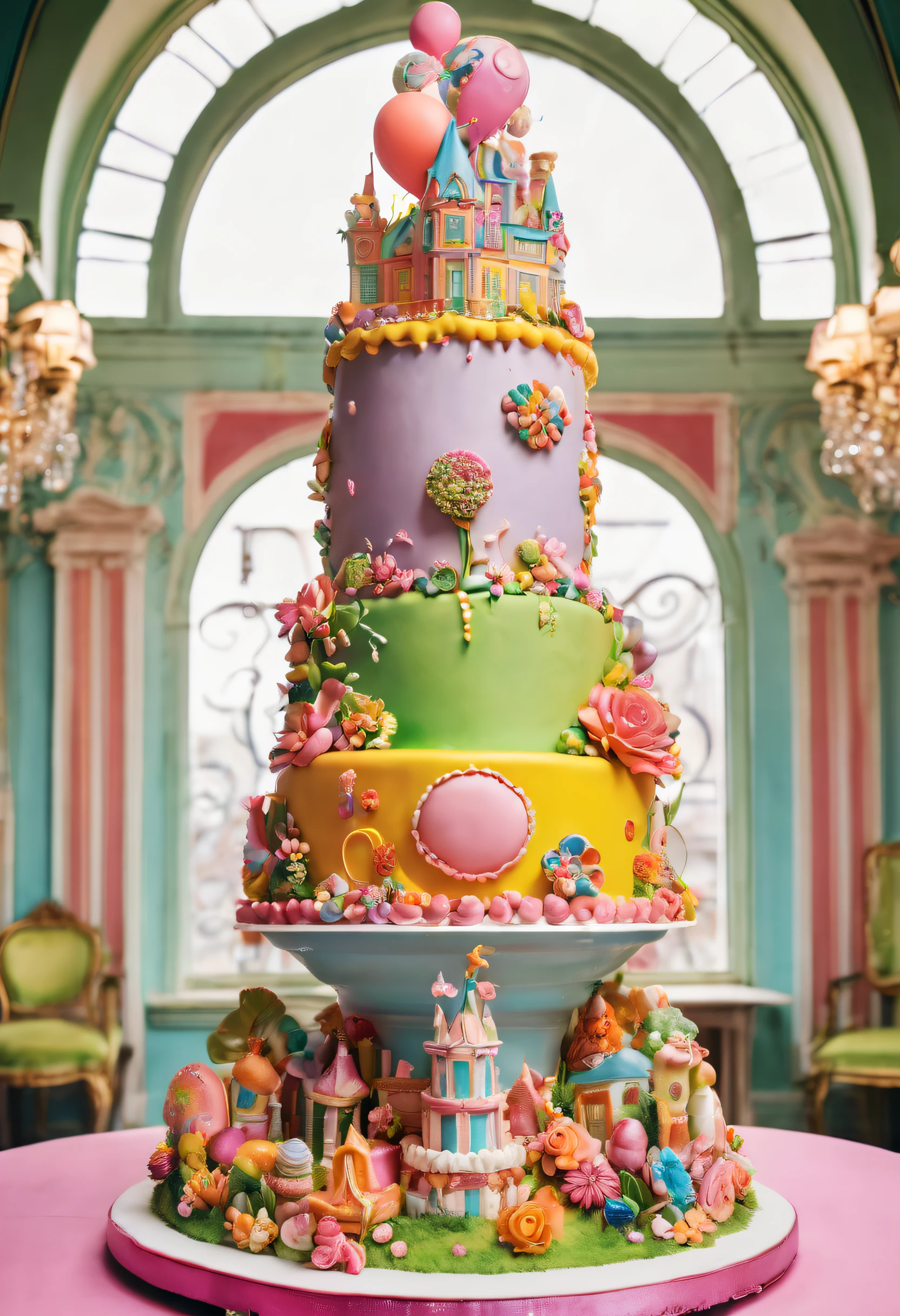 Photography of an extraordinary birthday cake that defies imagination. The cake is a towering masterpiece, covered in vibrant fondant and adorned with intricate sugar sculptures. Surrounding the cake are whimsical props, such as oversized lollipops and colorful balloons, creating a festive atmosphere. The photograph is captured from a wide angle, showcasing the cake's grand scale. The lighting is bright and cheerful, accentuating the cake's vibrant colors. This astonishing image was photographed by David LaChapelle, known for his surreal and visually striking compositions. It sparks a sense of awe and wonder in the viewer