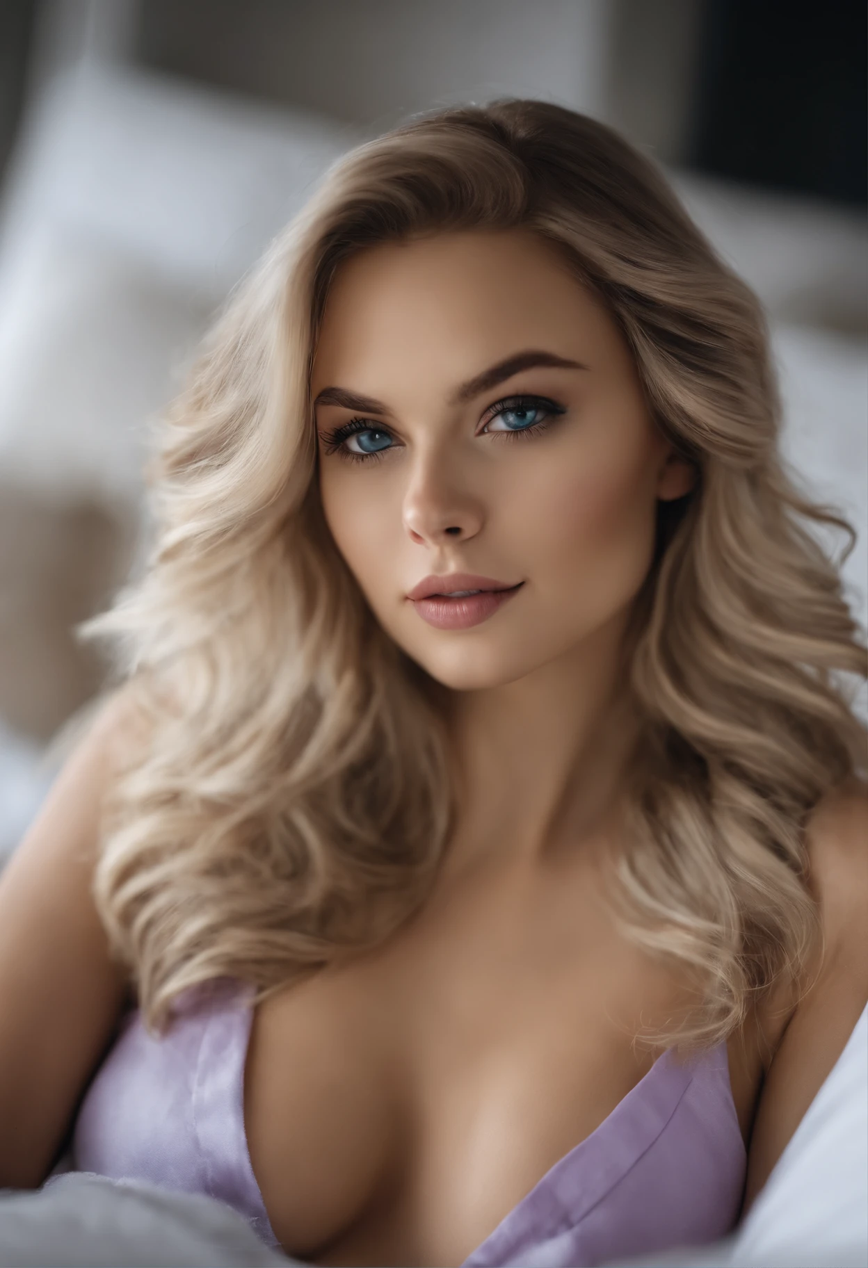 arafed frau voll , Sexy girl with blue eyes, ultra realistisch, Akribisch detailliert, portrait sophie mudd, blonde hair and large eyes, Selfie einer jungen Frau, Augen im Schlafzimmer, Violet Myers, ohne Make-up, Natural makeup, Blick direkt in die Kamera, Gesicht mit Artgram, dezentes Make-up, Stunning full body shot, die auf dem Bett kniet, im Schlafzimmer, Large bust
