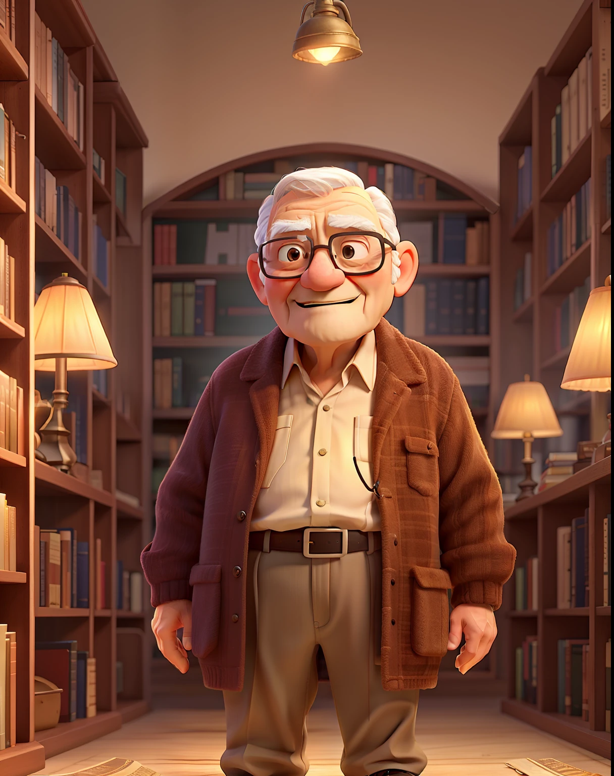 A wise old man standing in front, illuminated by the light of a lamp, against the backdrop of a library