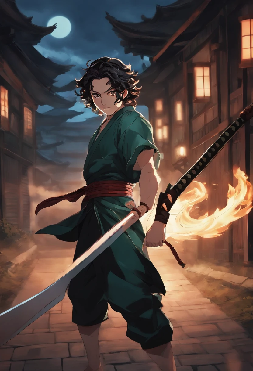 Personagem de anime com cabelo longo segurando uma espada na frente de uma lua cheia, Cute guy in demon slayer art, Kimetsu no yaiba, inspirado em Demon Slayer, Yoriichi Tsugikuni, estilo de arte demon slayer, Imagem de anime de Demon Slayer, Tanjiro Kamado