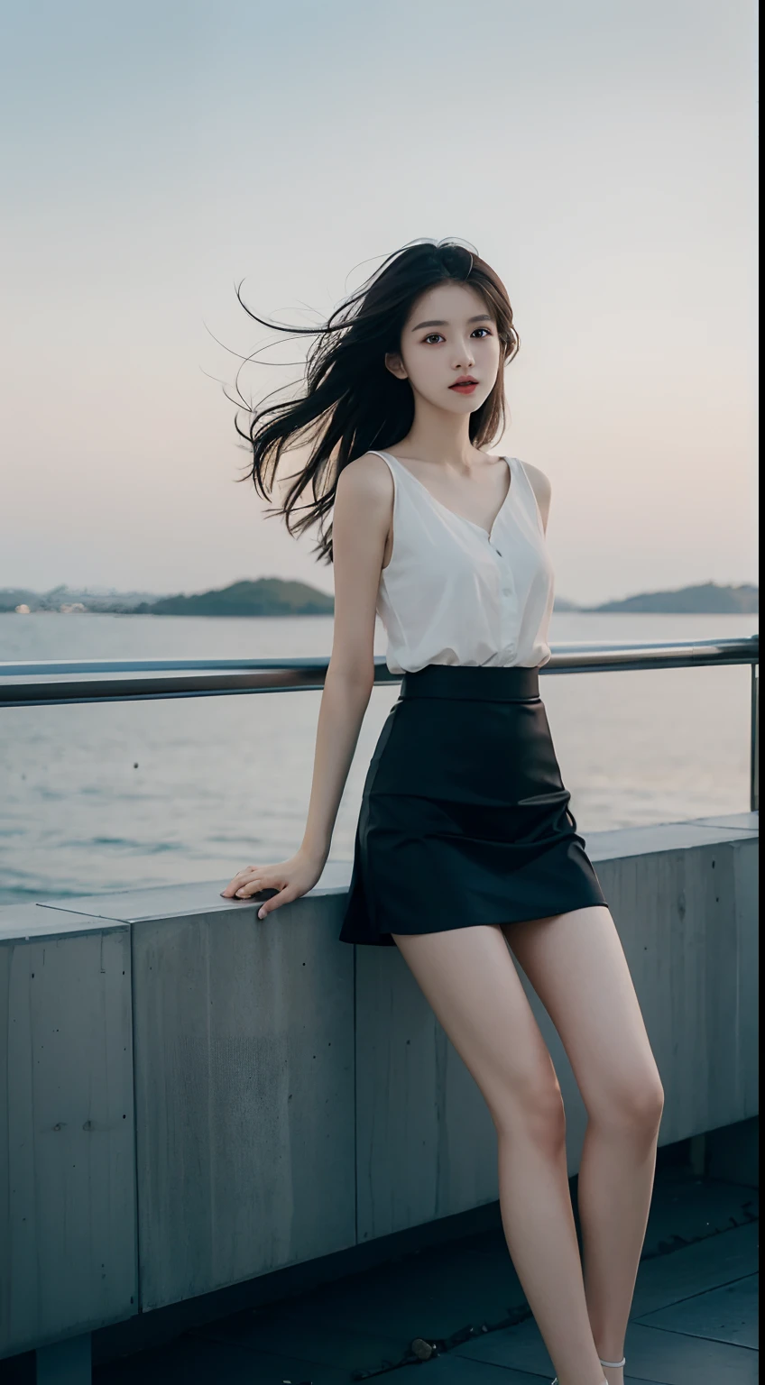 top Quority,Ultra-clear resolution,Clear eyes,plain face,s the perfect face,White skin,Perfect chest,with perfect legs,Long legs,black short skirt,Random environment