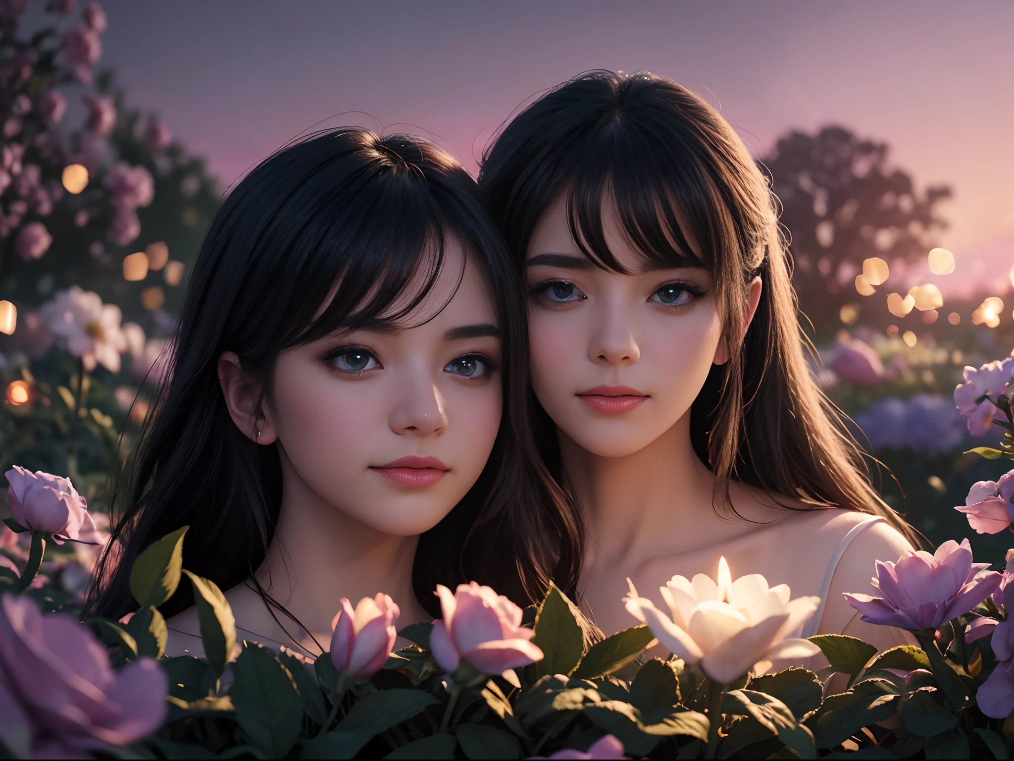 Create an enchanting illustration of a romantic couple immersed in the beauty of an idyllic flower garden at dusk, where the colorful blooms and delicate aromas add an extra touch of magic to their evening together, 16k resolution, UHD, ((background blur:1.7)) , bokeh, ((red hue:0.7)), ISO:200, ((perfect eyes))