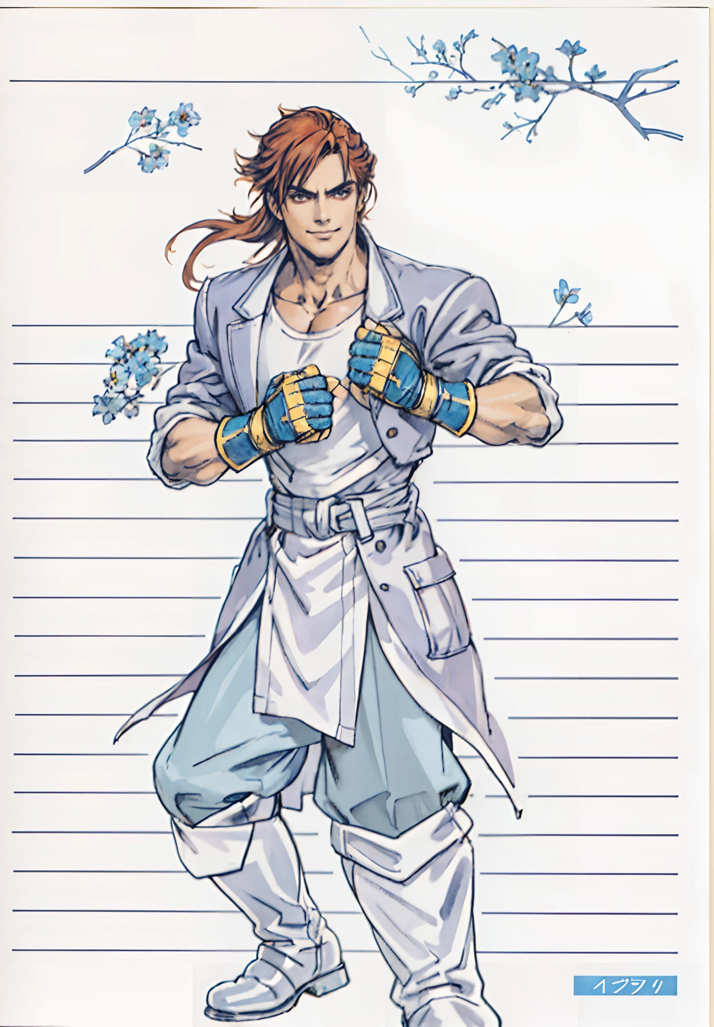 A young man, auburn hair, a center-parted back hairstyle, dark skin, narrow eyes, a cunning smile, a two-piece fantasy-reality style outfit, a white undershirt, a dark formal-style coat, wearing gloves, matching trousers with the outfit, has metallic-adorned knee-high boots, striking a boxing pose, against a background of horizon, this character embodies a finely crafted fantasy-reality style fighter in anime style, characterized by an exquisite and mature manga illustration art style, high definition, best quality, highres, ultra-detailed, ultra-fine painting, extremely delicate, professional, anatomically correct, symmetrical face, extremely detailed eyes and face, high quality eyes, creativity, RAW photo, UHD, 8k, Natural light, cinematic lighting, masterpiece-anatomy-perfect, masterpiece:1.5, tan skin