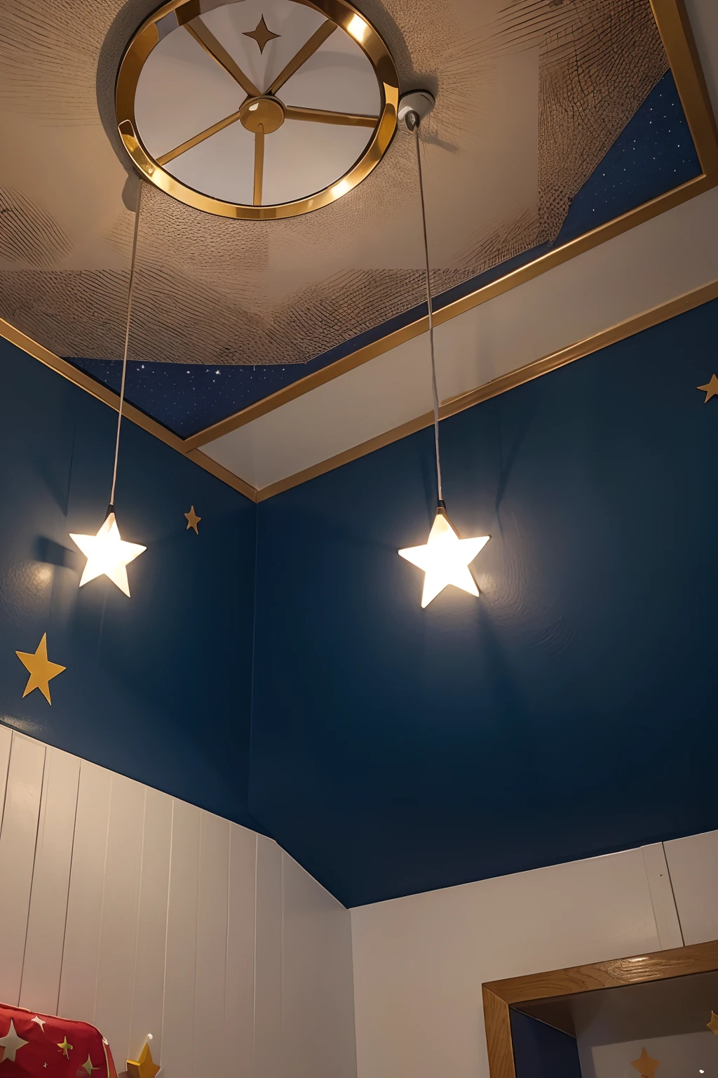 Um quarto infantil decorado com estrelas de brinquedo no teto