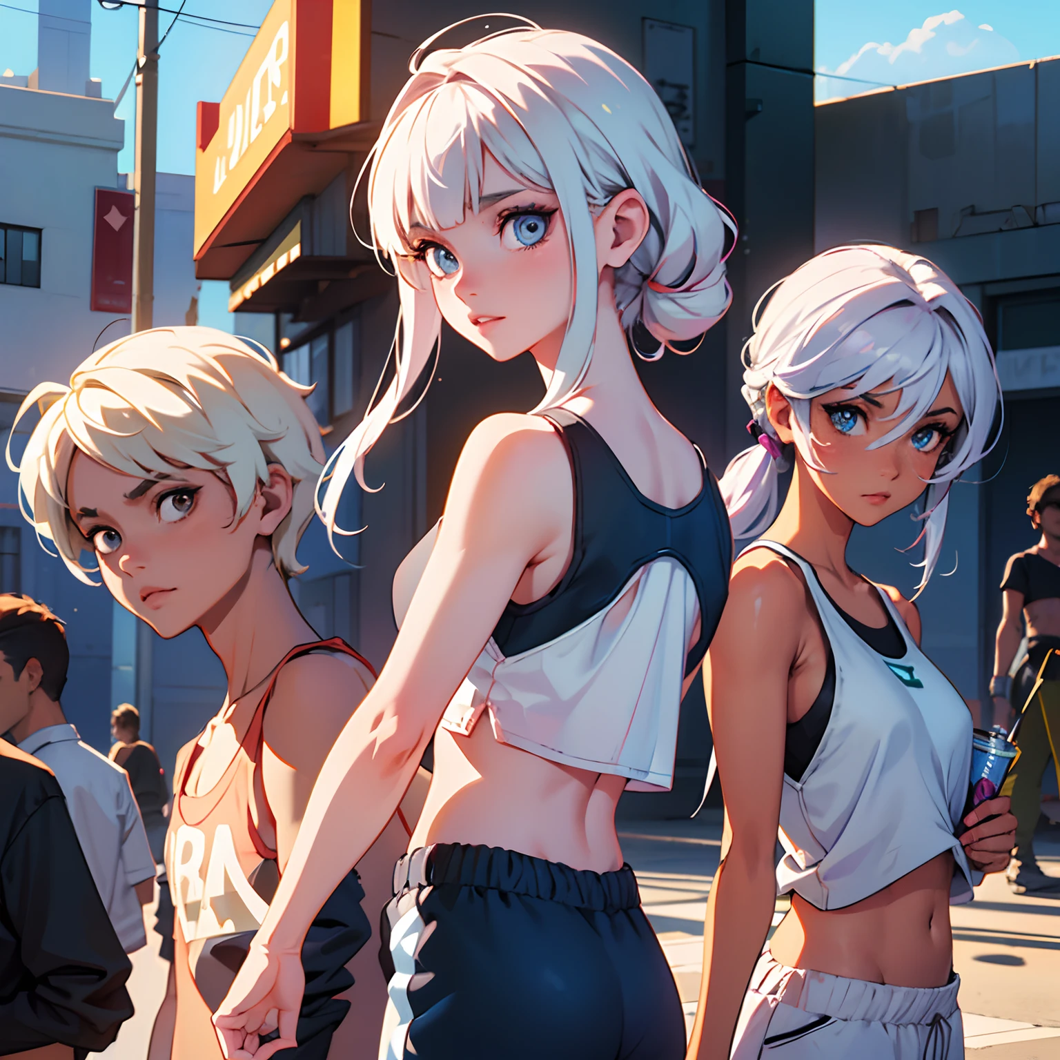 Boy band member's short, messy white hair, olhos vermelhos, foto em close-up, fotorrealista, wearing tank top and jogger pants, solid colours, CIDADE FUTURISTA, Dynamic camera angle, Corpo inteiro Belo estilo anime, limpar rostos detalhados, roupas intrincadas, analogous colors, sombras brilhantes, beautiful gradient, profundidade de campo, luz do cabelo, imagem limpa, alta qualidade, High detail, High definition, Luminous Studio graphics engine, beautiful face, cintura fina, 16k