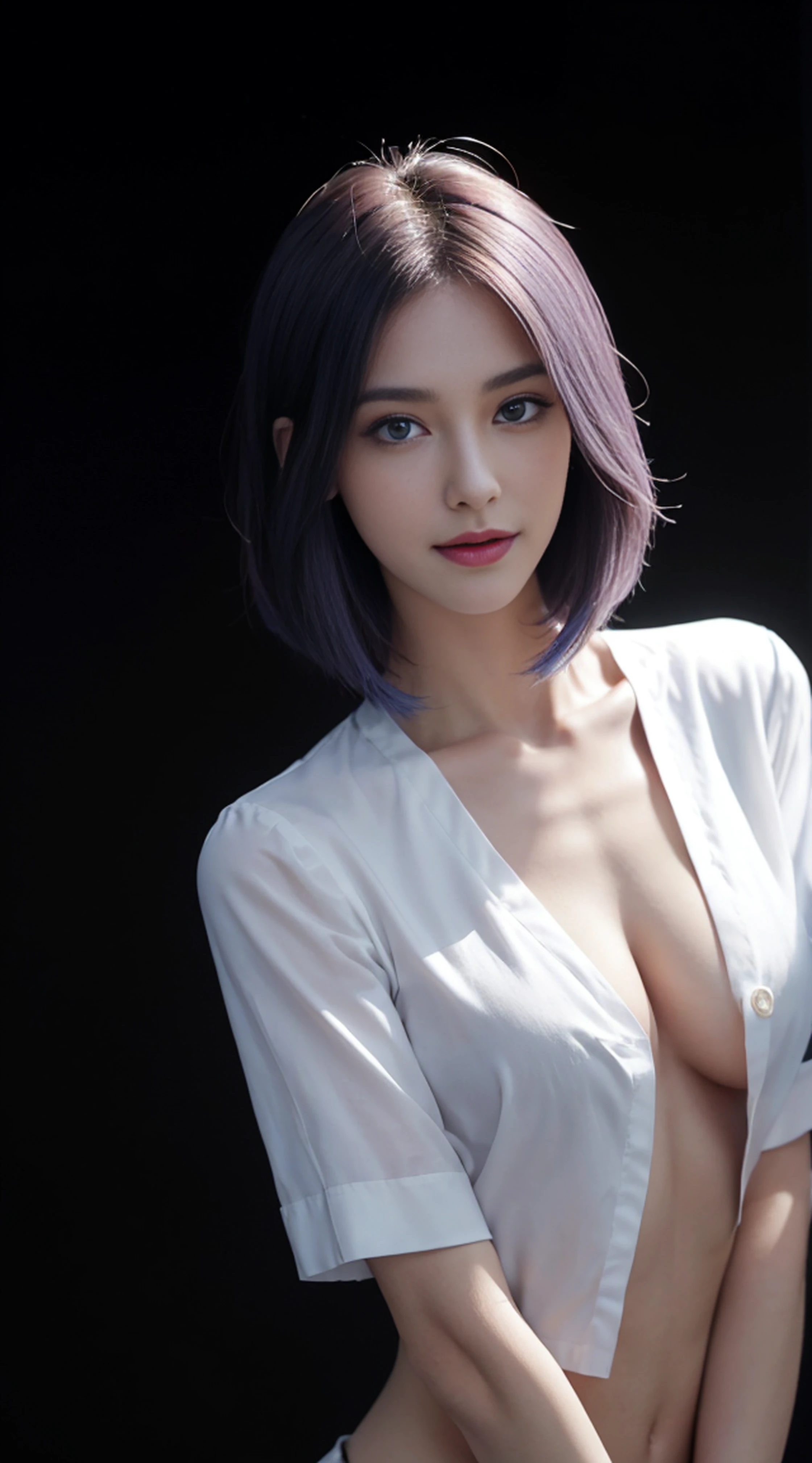 8K, Top Quality, Intricate Details, Ultra Detail, Ultra High Resolution, Masterpiece, random angle, Slender, Smile, (Makeup: 0.4), (Fluffy Blue Eyes: 1.21), blue Eyes, looking at viewer, ((full body)), 1girl, solo, 1 girl, (( full body)), close up shot, , ((tall)), (((fit body))), (((slim face))), sharp face, sharp eyes, (((random color hair, )) , (detailed face), sharp face, small lips,
(( )), (( open shirt)), detailed face, detailed breast, , large breast, detail ass, , Beautiful girl with accentuated slender abs: 1.4, Six Pack Abs: 1.4, Bust Botox, Big, Perfect Body, detail leg, (( dark background)), black background, (((see the whole body)))