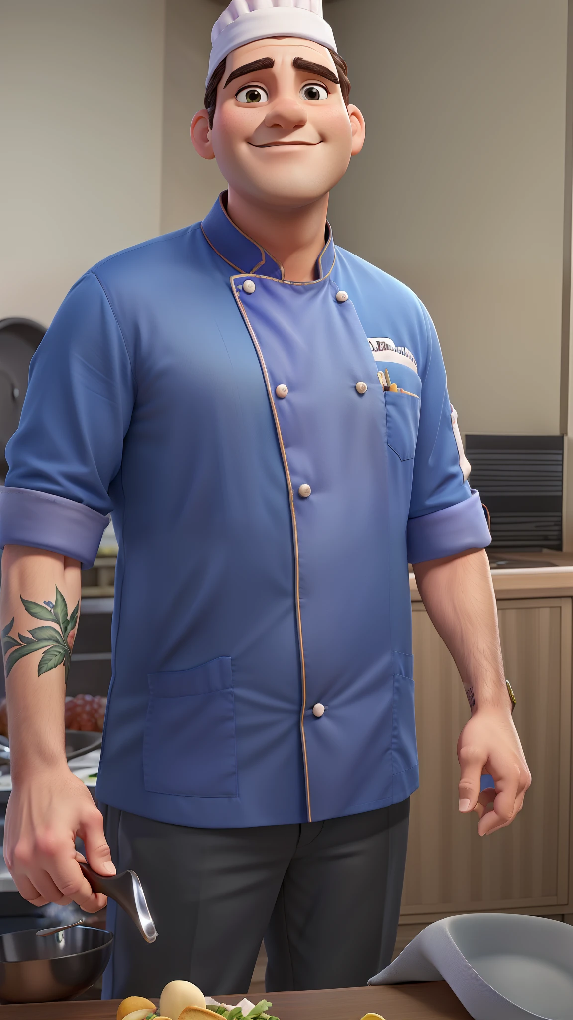 tmasterpiece,a melhor qualidade,Homen de quarenta anos,(((Chef hat))), roupa de chef de cozinha,Estilo Disney, Standing in the park,Muitos detalhes no rosto