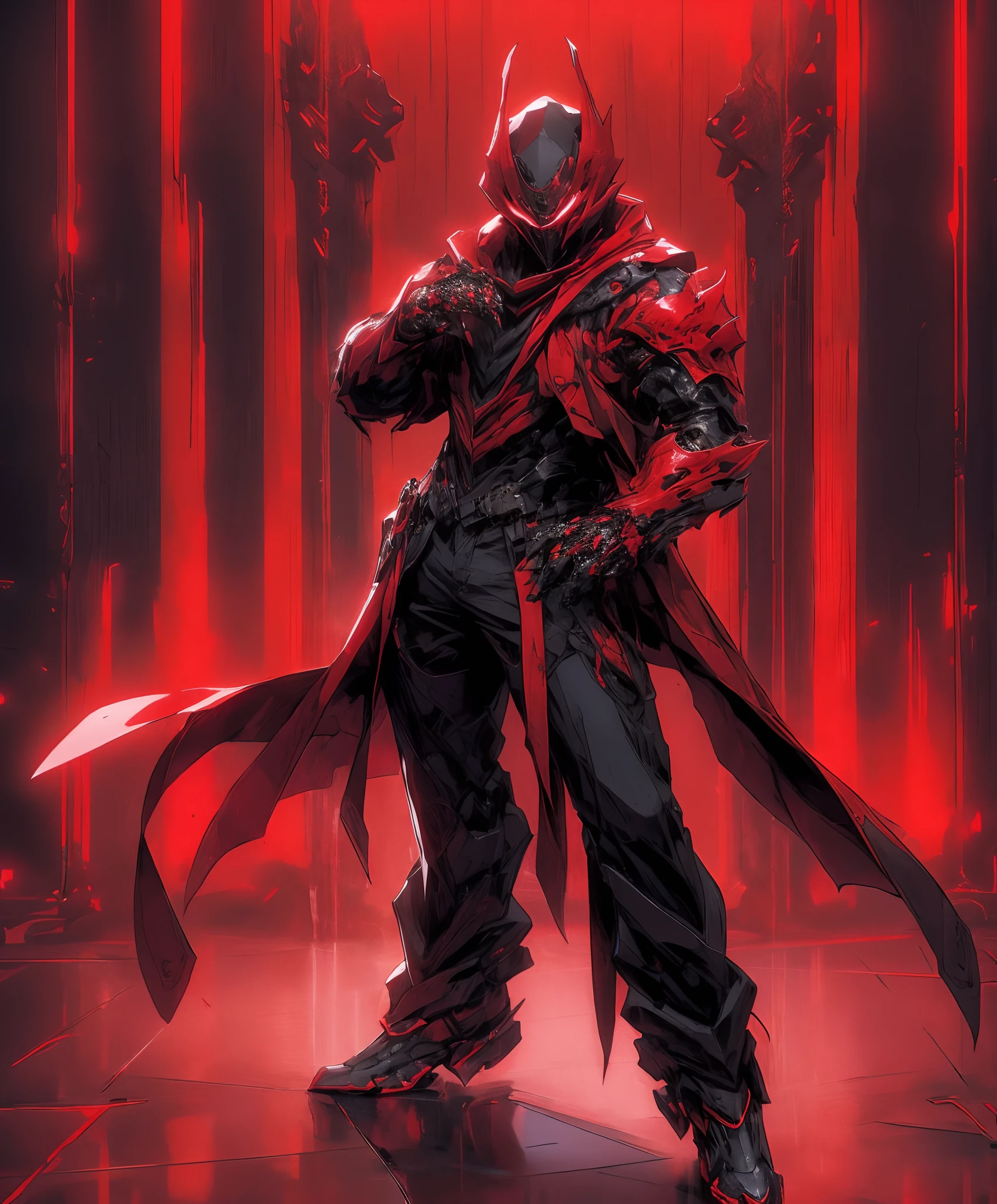 a man in a red jacket and black pants standing in a dark room, wearing cultist red robe, crimson attire, character from mortal kombat, as a character in tekken, fighting game character, cyberpunk assassin, red hooded mage, cyberpunk outfits, crimson clothes, the red ninja, wearing leather assassin armor, an edgy teen assassin, cool red jacket, cyberpunk street goon