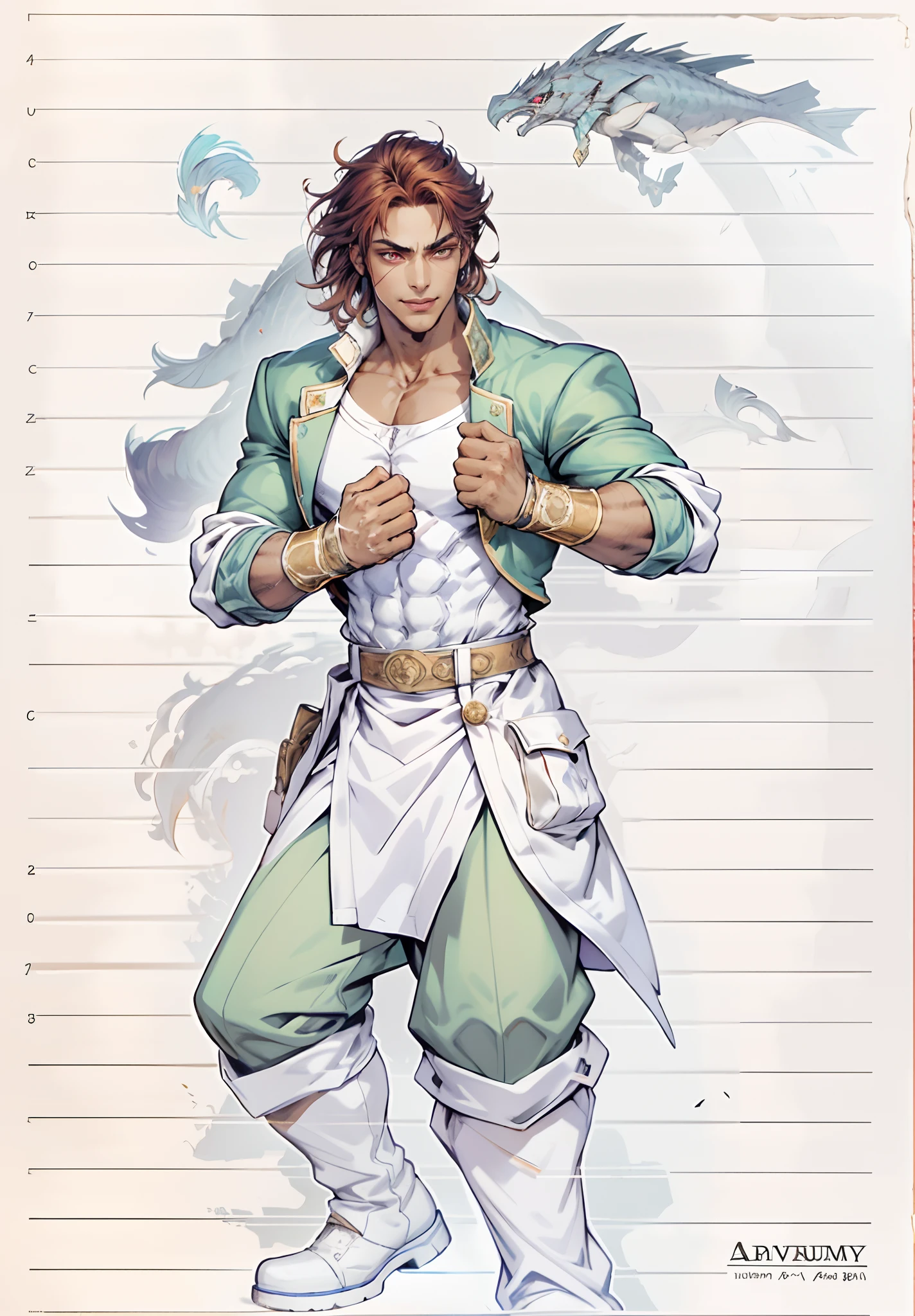 A young man, auburn hair, a center-parted back hairstyle, dark skin, narrow eyes, a cunning smile, a two-piece fantasy-reality style outfit, a white undershirt, a dark formal-style coat, wearing gloves, matching trousers with the outfit, has metallic-adorned knee-high boots, striking a boxing pose, against a background of horizon, this character embodies a finely crafted fantasy-reality style fighter in anime style, characterized by an exquisite and mature manga illustration art style, high definition, best quality, highres, ultra-detailed, ultra-fine painting, extremely delicate, professional, anatomically correct, symmetrical face, extremely detailed eyes and face, high quality eyes, creativity, RAW photo, UHD, 8k, Natural light, cinematic lighting, masterpiece-anatomy-perfect, masterpiece:1.5, tan skin
