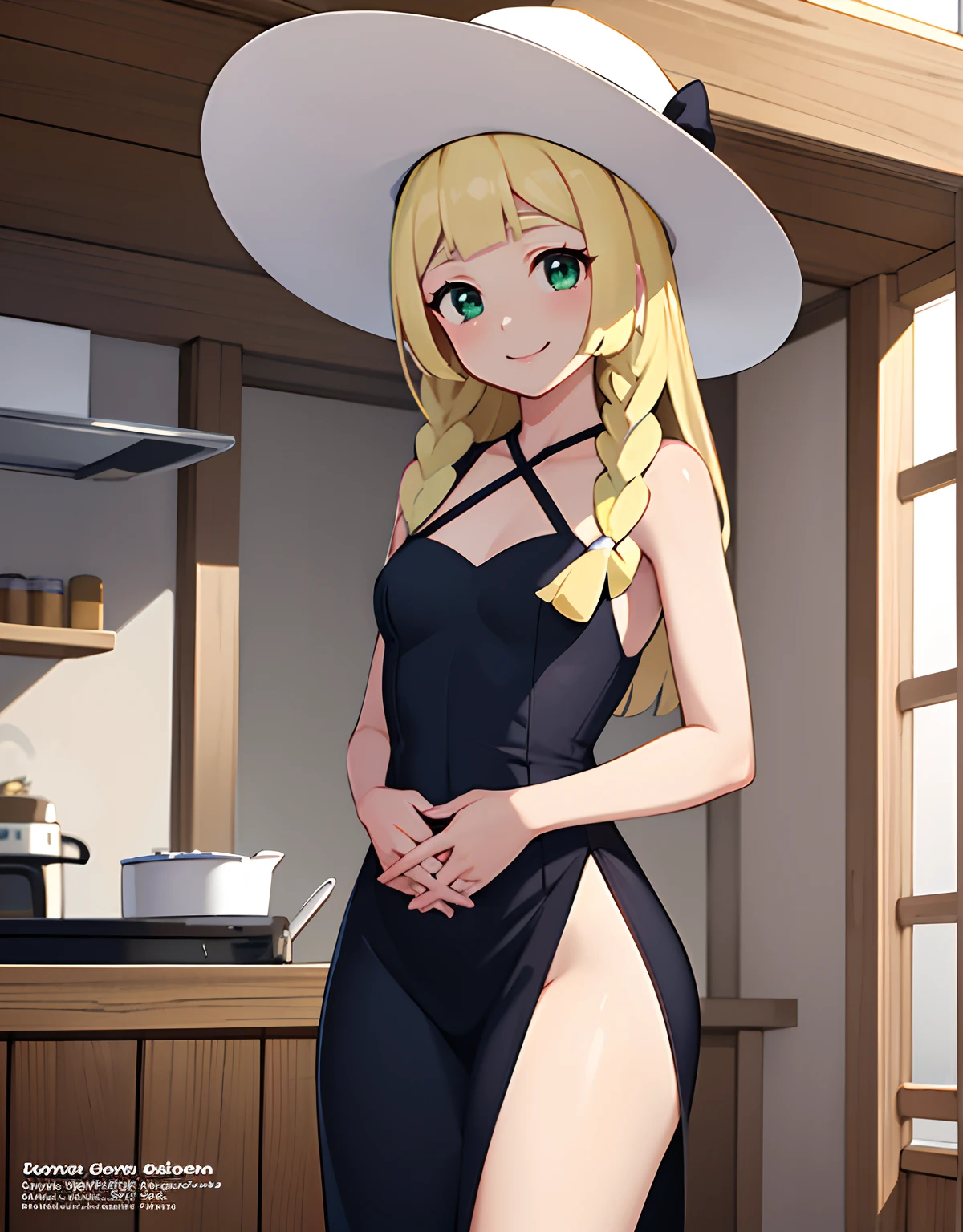 (Best Quality, Masterpiece),sexy Loli, Front cover of a women's cooking magazine, erotic, 18+, nsfw, 1girl, , stunning, cute, smile, hourglass figure, Maid costume, beautiful food, text, diagrams, advertisements, magazine title, lillie \(pokemon\), 1girl, solo, standing, cowboy shot, looking at viewer, green eyes, smile, v arms, own hands together, twin braids, hat, dress,