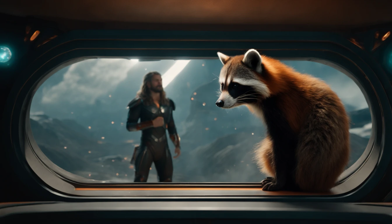 ultra-realistic 8k cinematic
Setting: Outer space, with stars, planets and asteroids
- Actions: Thor god of thunder and Rocket A cyborg raccoon, brown, furry, with green eyes, wearing an orange and black jumpsuit are in the cabin of the spaceship, looking forward with expressions of courage and expectation.