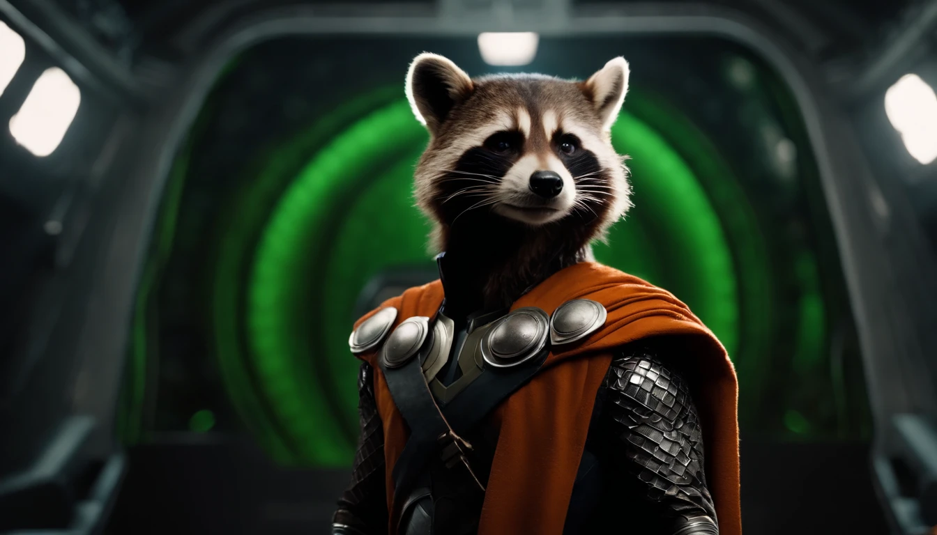 ultra-realistic 8k cinematic
Setting: Outer space, with stars, planets and asteroids
- Actions: Thor god of thunder and Rocket A cyborg raccoon, brown, furry, with green eyes, wearing an orange and black jumpsuit are in the cabin of the spaceship, looking forward with expressions of courage and expectation.