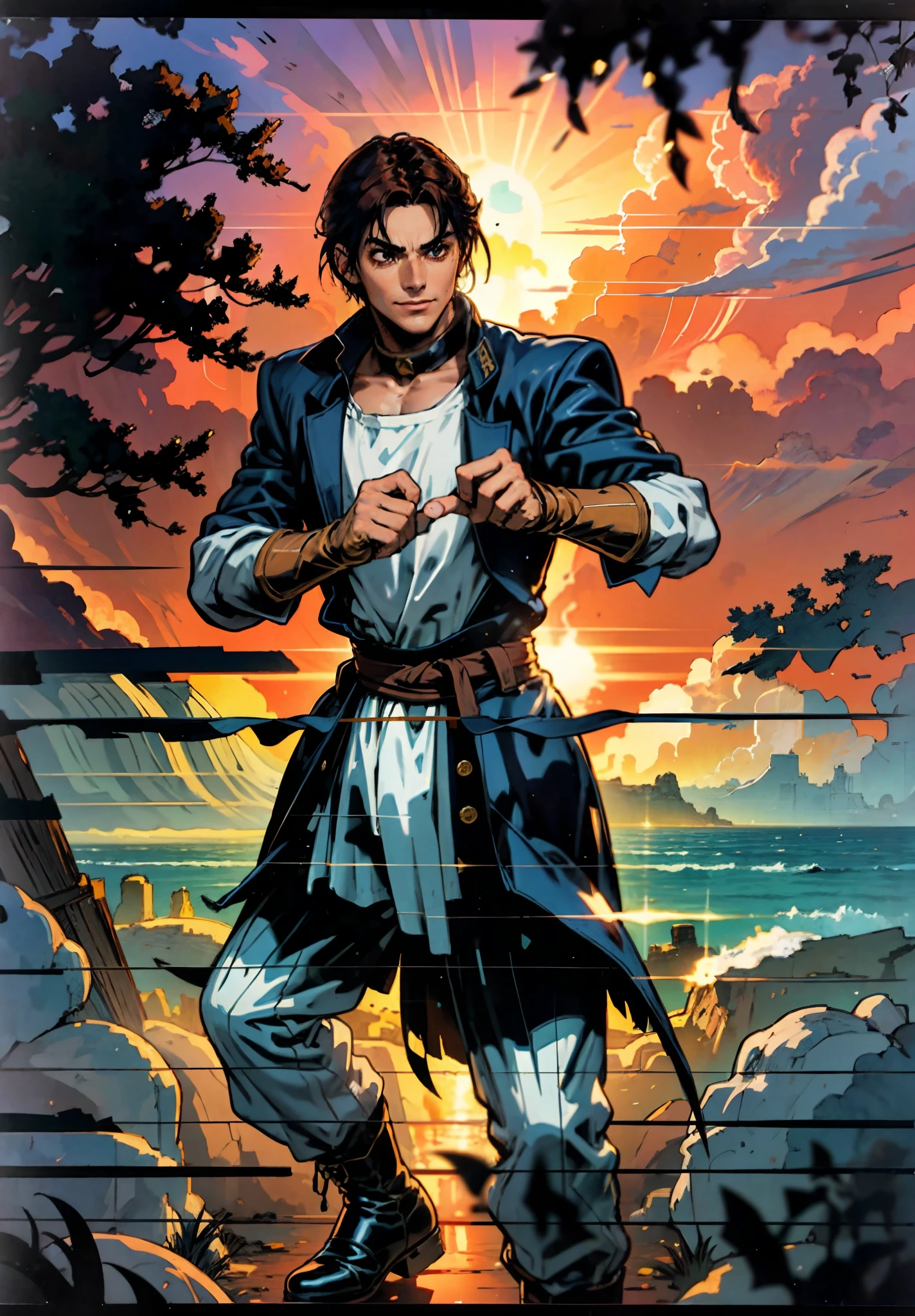 A young man, auburn hair, a center-parted back hairstyle, dark skin, narrow eyes, a cunning smile, a two-piece fantasy-reality style outfit, a white undershirt, a dark formal-style coat, wearing gloves, matching trousers with the outfit, has metallic-adorned knee-high boots, striking a boxing pose, against a background of horizon, this character embodies a finely crafted fantasy-reality style fighter in anime style, characterized by an exquisite and mature manga illustration art style, high definition, best quality, highres, ultra-detailed, ultra-fine painting, extremely delicate, professional, anatomically correct, symmetrical face, extremely detailed eyes and face, high quality eyes, creativity, RAW photo, UHD, 8k, Natural light, cinematic lighting, masterpiece-anatomy-perfect, masterpiece:1.5, tan skin