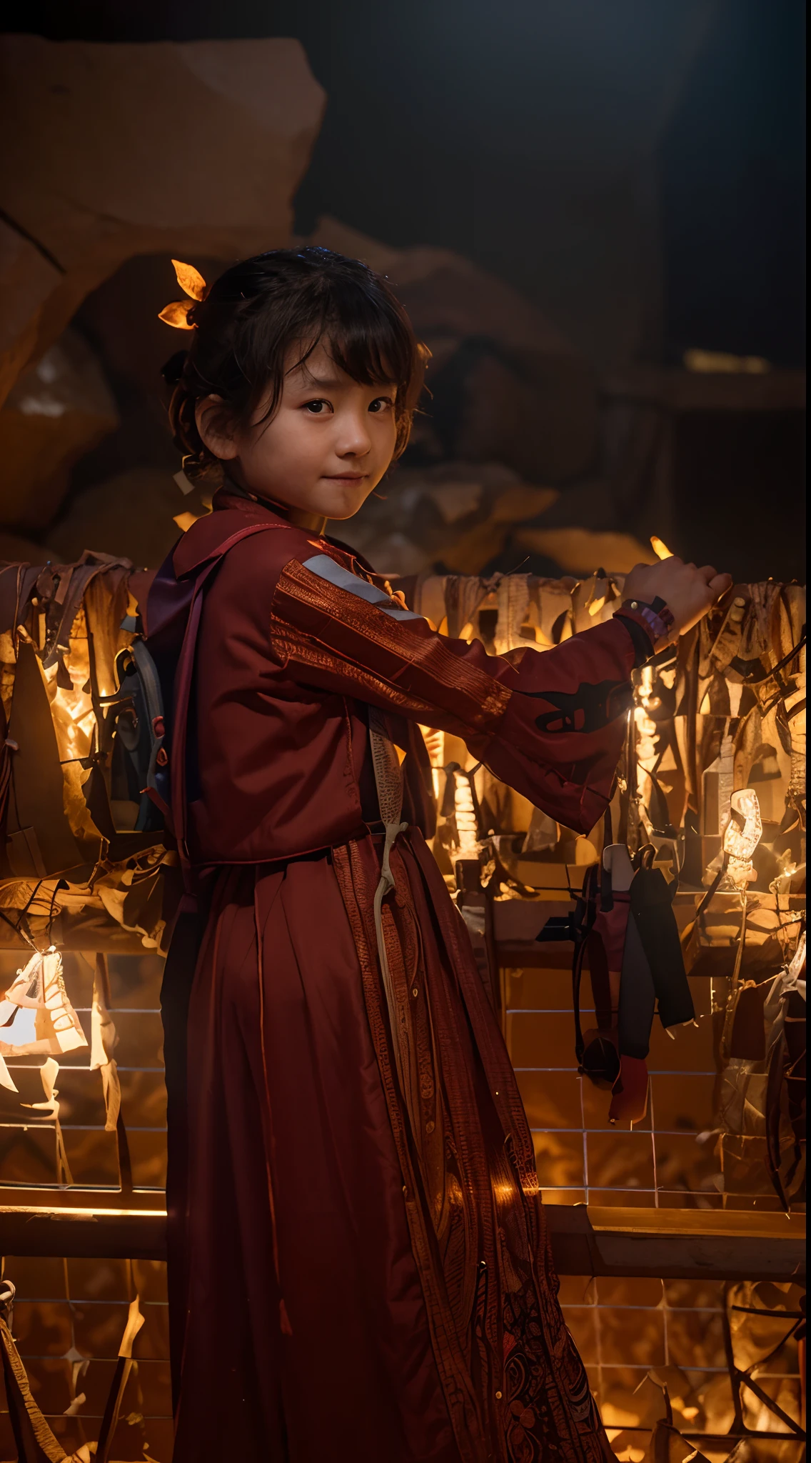 (Pixar style),A five-year-old Chinese girl,Dangerous caves,backpacks,Miniature character model, Light source from right to left, Rum lighting, Light source from right to left, Realistic proportions, Post-processing, ((Orthogonal perspective)), Super detail, Realistic, Super realistic, photoreal render,