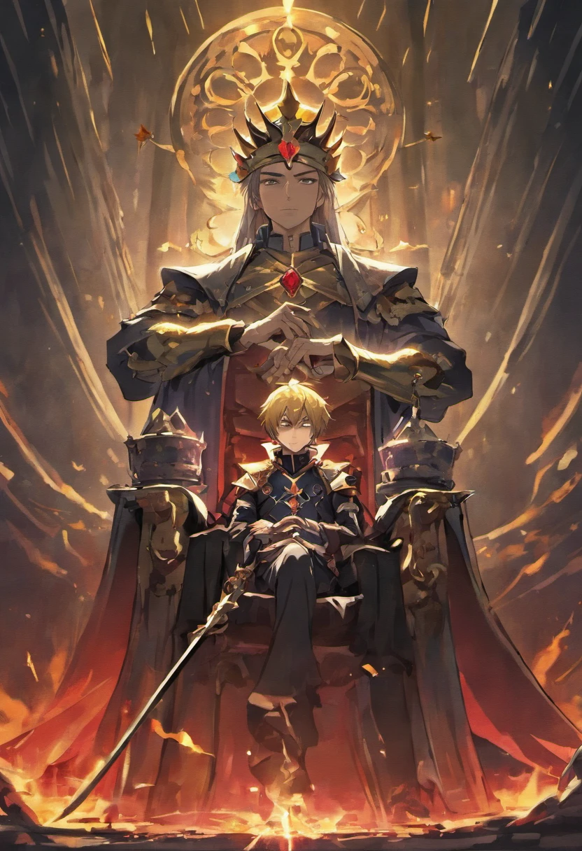 A young king on his thrown with a dark soldier beside him