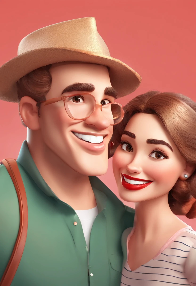An illustration of an adorable couple, Destaque para um homem branco gordinho sorridente Com cabelos castanhos bem enrolados e com um brinco de argola na orelha esquerda e uma mulher morena com lindos olhos expressivos com cabelos longos e cacheados, with big lips of red lipstick. cada um com um sorriso no rosto, e compartilhar um momento especial caracterizado pelo amor, Insights. Illustrate this scene from a perspective where they are facing the camera, Smiling and Showing Your Connection. Desenvolva esta arte em Full HD, Focus on your cinematic touch, Estilo Disney Pixar Animations