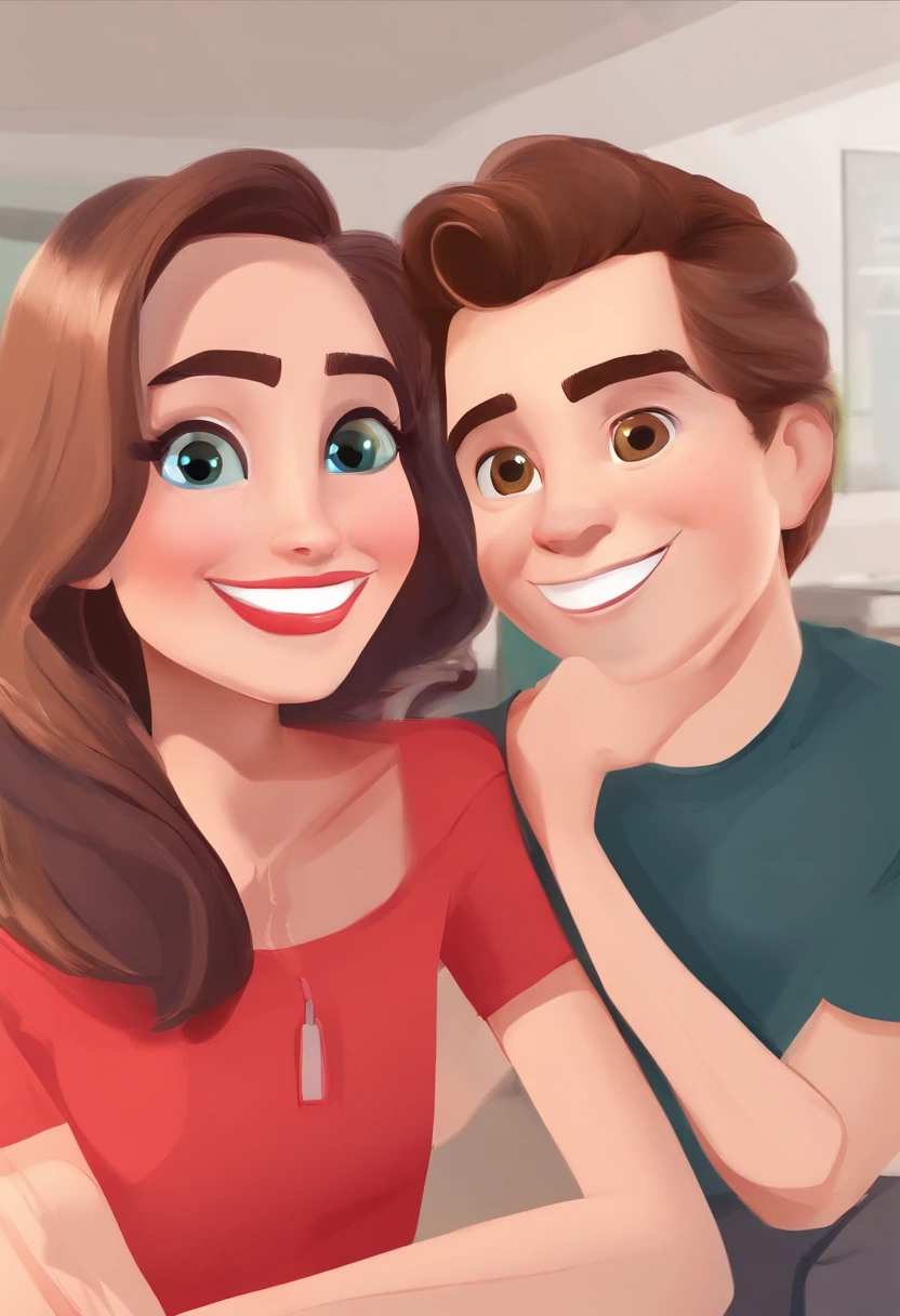 An illustration of an adorable couple, Destaque para um homem branco gordinho sorridente Com cabelos castanhos bem enrolados e com um brinco de argola na orelha esquerda e uma mulher morena com lindos olhos expressivos com cabelos longos e cacheados, with big lips of red lipstick. cada um com um sorriso no rosto, e compartilhar um momento especial caracterizado pelo amor, Insights. Illustrate this scene from a perspective where they are facing the camera, Smiling and Showing Your Connection. Desenvolva esta arte em Full HD, Focus on your cinematic touch, Estilo Disney Pixar Animations