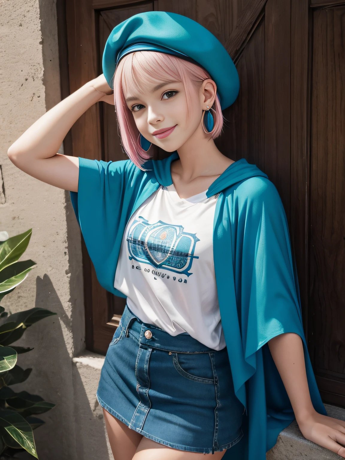 Fajoboa style, masutepiece, Best Quality, 1girl in, 12 years old, Smile, Pink lips, aqua eyes, Blue beret, Blonde hair, Closed mouth, earrings, hat, gem earrings, Jewelry, Looking at Viewer, Miniskirt, Shirt, blue cape, Short hair, Solo, Cowboy Shot, hands behind head, Dim, Dark, High contrast, Caustics