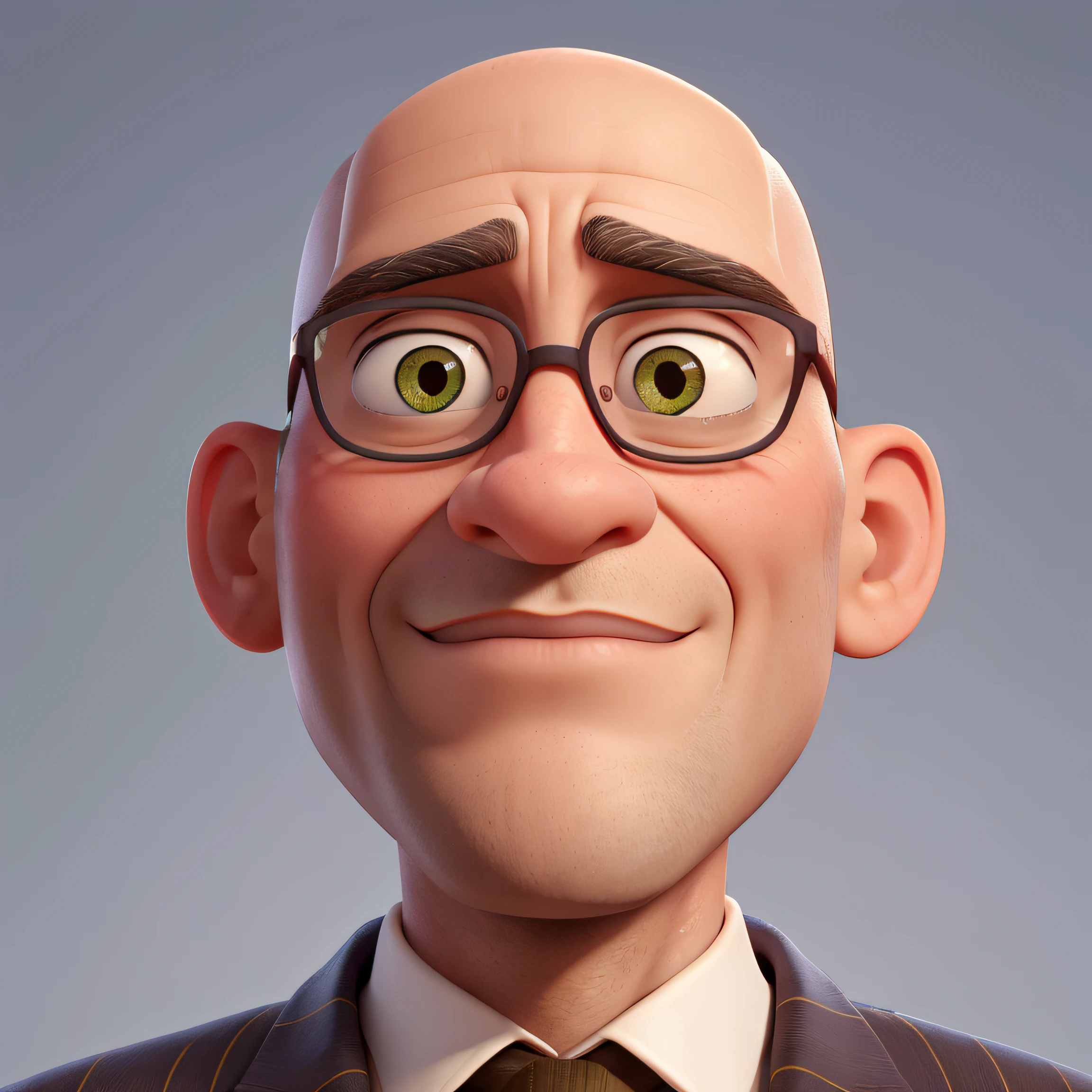 (50 anos,bald man),[retrato],[oil painting],Vestido com um terno formal,(Serious expression),(glowing head),(olhos verdes),(rosto raspado),[detailed facial features](Prominent cheekbones,rugas ao redor dos olhos),(Sobrancelhas distintas),(professional lighting),(Altas),(vivid colors),[fundo cinzento].