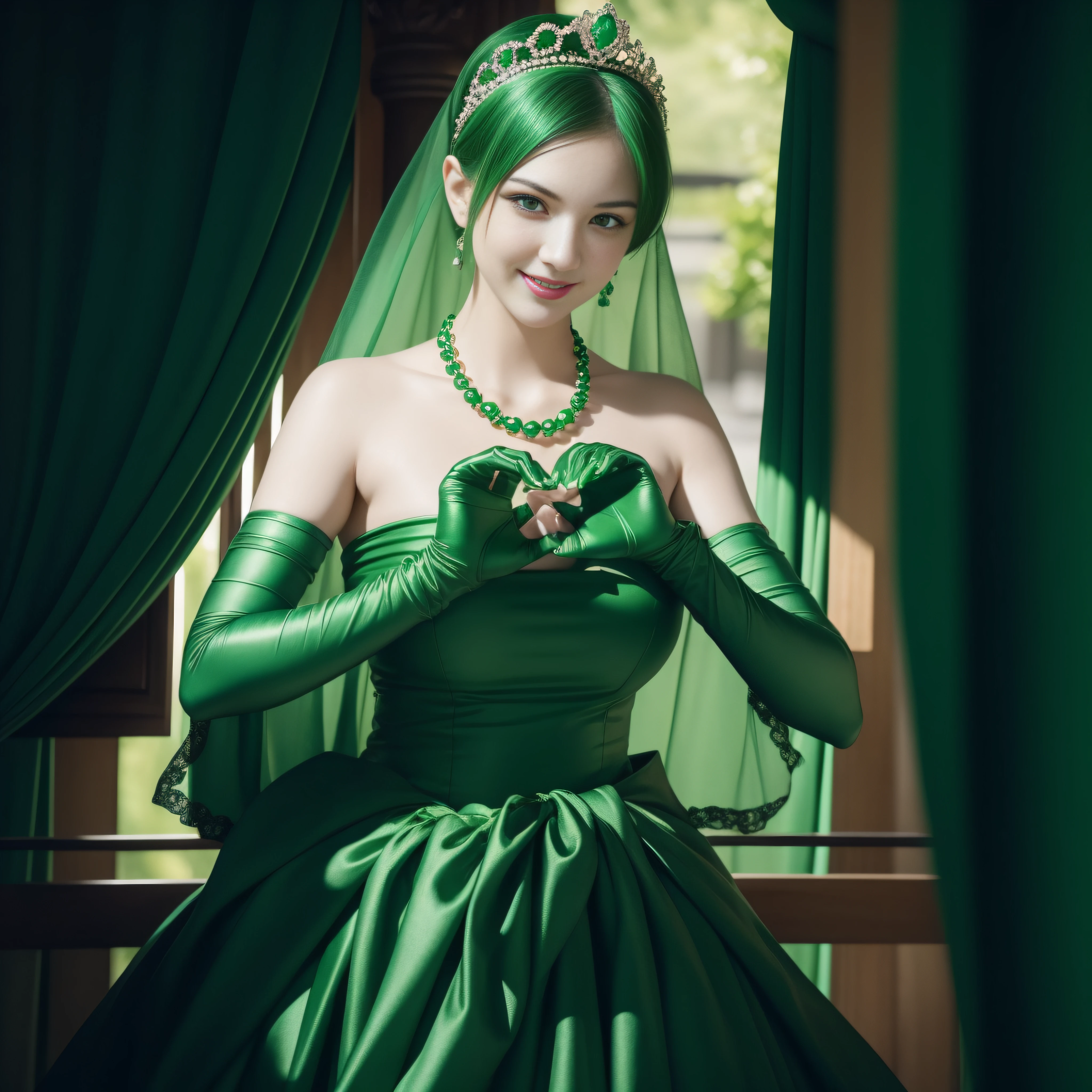 emerald tiara, Green Pearl Necklace, Boyish very short green hair, lipsticks, Japan woman smiling, very short short hair, big breasts beautiful, Green eyes, Long green gloves made of satin material, Green eyes, Emerald Earrings, green vale, Heart with both hands, Pregnancy