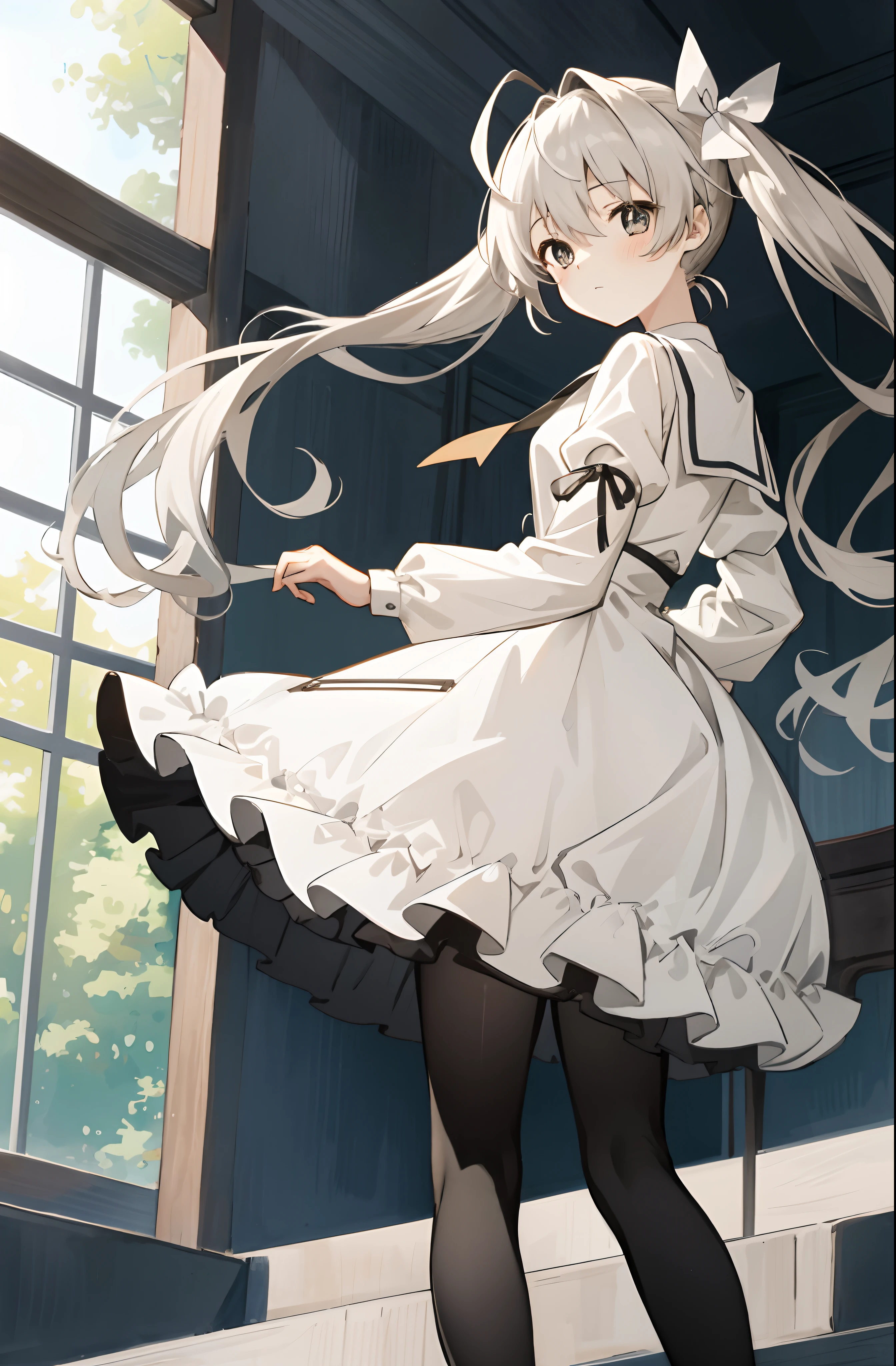 (Masterpiece,best qualtiy,A high resolution:1.5),1girl,high school senior,white skinned,Gray-black pupils,twintails,lacepantyhose,shift dresses,Delicate face,School Background,The light is bright,Sora Kasugano,Animated illustration style,pixiv popular