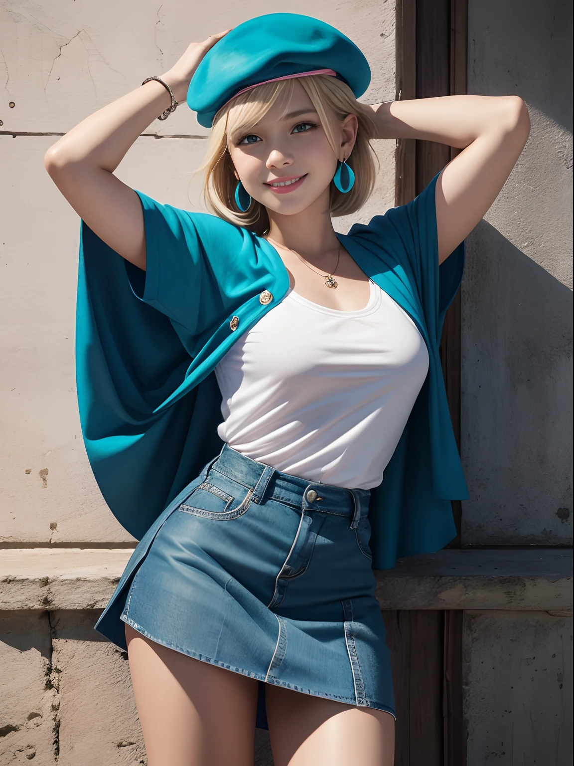 Fajoboa style, masutepiece, Best Quality, 1girl in, 12 years old, Smile, Pink lips, aqua eyes, Blue beret, Blonde hair, Closed mouth, earrings, hat, gem earrings, Jewelry, Looking at Viewer, Miniskirt, Shirt, blue cape, Short hair, Solo, Cowboy Shot, hands behind head, Dim, Dark, High contrast, Caustics