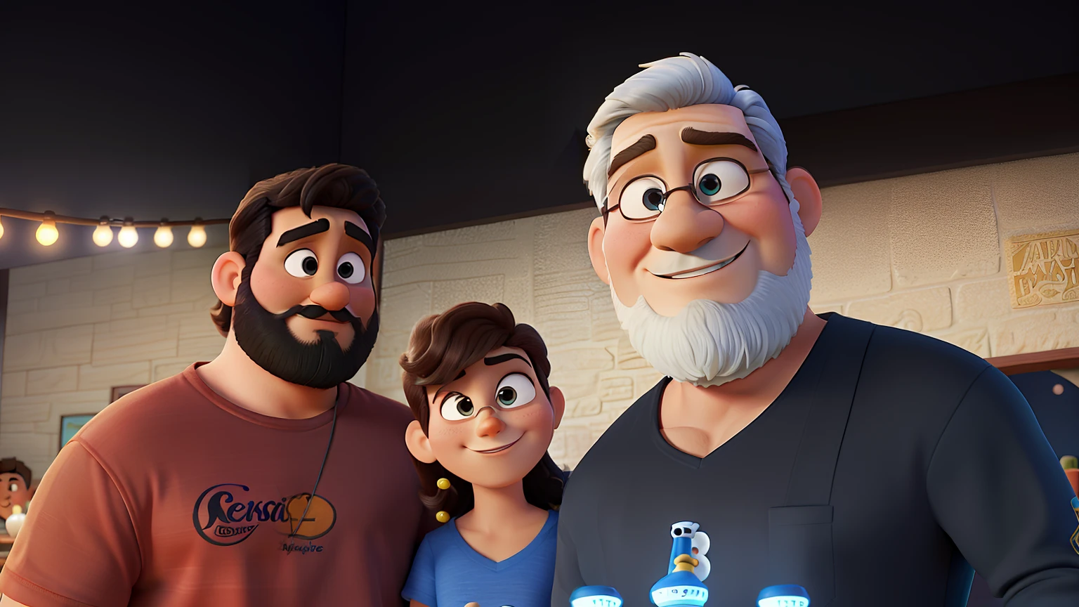 Poster no estilo Disney pixar, alta qualidade, melhor qualidade, homem sexy branco, 30 anos cabelo grisalho barba preta, musculoso, com fundo em um restaurante a luz de velas