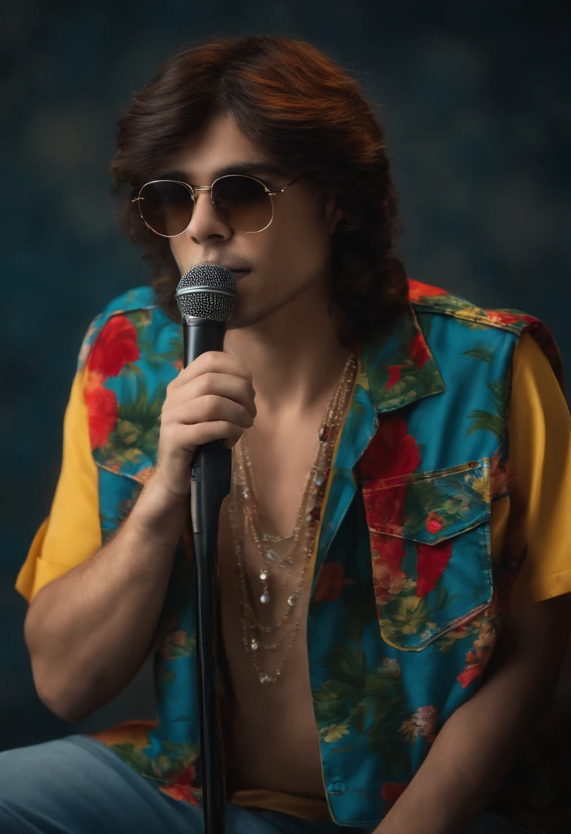 Imagem de um jovem de oculos e cabelo mullet, cantando numa igreja muito estiloso