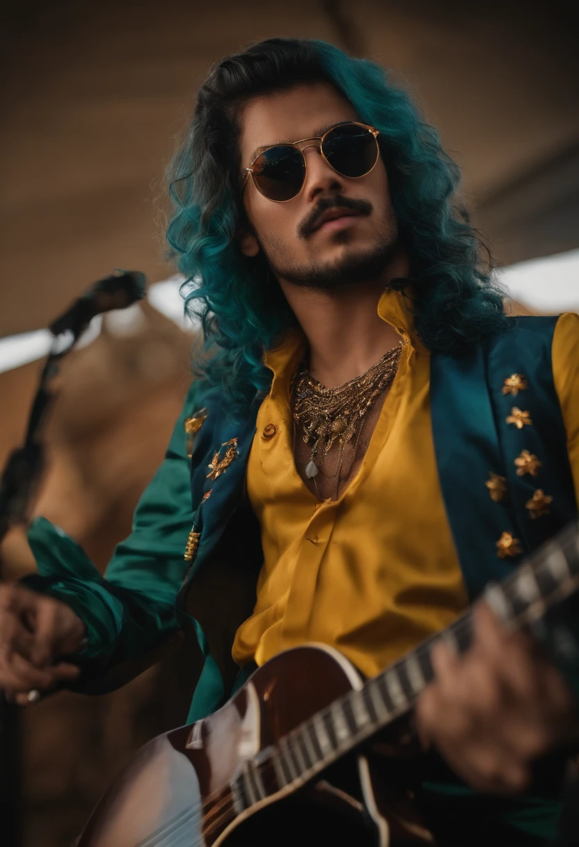 Imagem de um jovem de oculos e cabelo mullet, cantando numa igreja muito estiloso