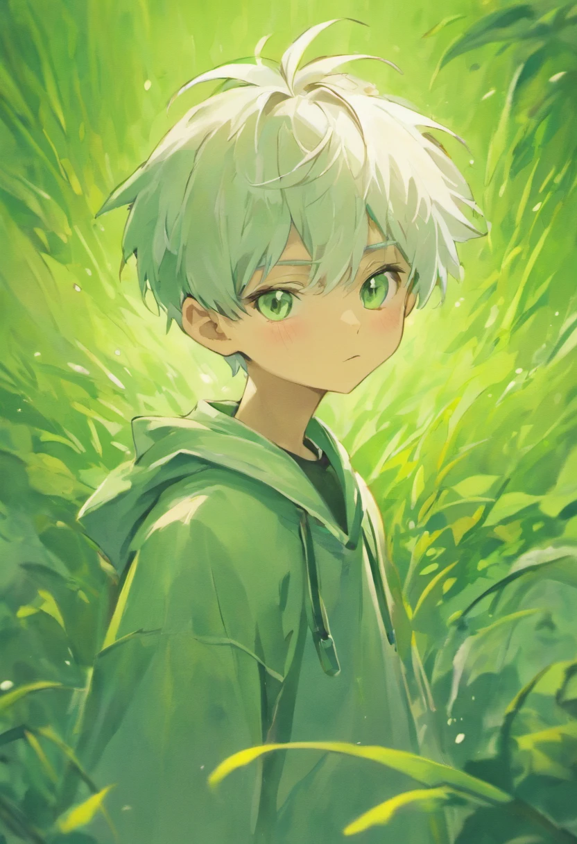 Blooming flowers flutter in the wind,The boy in the flower,Light green and silver design,Pay attention to the texture of the skin and flowers,Sony FE 12-24mm F/2.8 gm,Impressionist garden,Proficient in calligraphy,eco-friendly craftsmanship,Brush stroke exploration,White-headed boy,With a collar around the neck,shoun,Childlike face,Large, Sharp wolf ears,White hair,Brush cut,The barefoot,Shirtless,Muscular