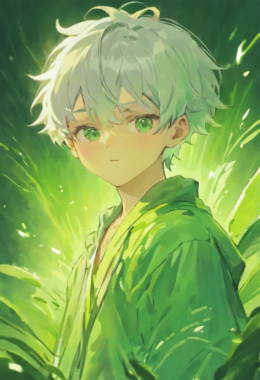 Blooming flowers flutter in the wind，The boy in the flower，Light green and silver design，Pay attention to the texture of the skin and flowers，Sony FE 12-24mm F/2.8 gm，Impressionist garden，Proficient in calligraphy，eco-friendly craftsmanship，Brush stroke exploration，White-headed boy，With a collar around the neck，shoun，Childlike face，Large, Sharp wolf ears，White hair，Brush cut，The barefoot，Shirtless，Muscular